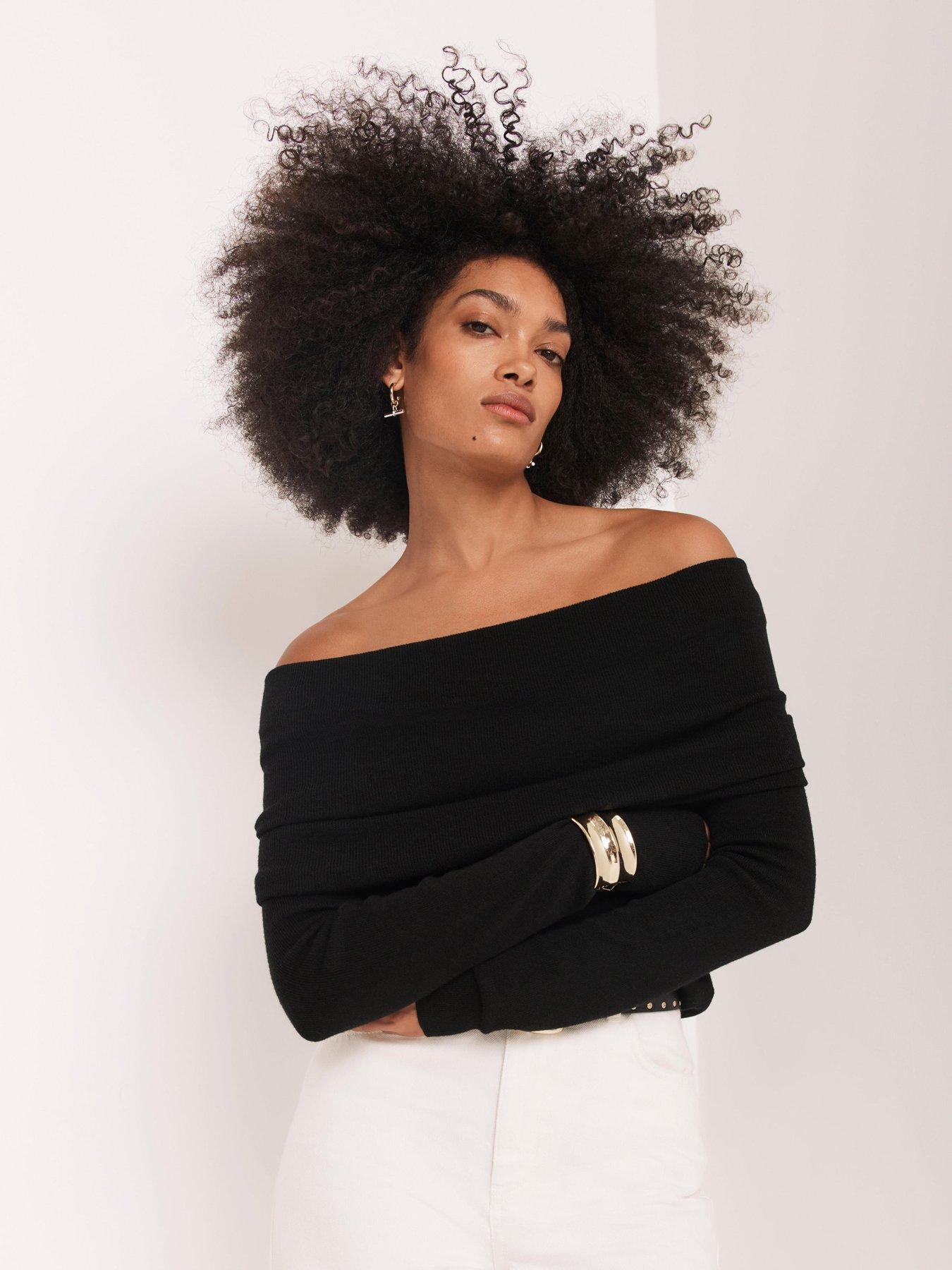 undefined Rib Knitted Bardot - Black