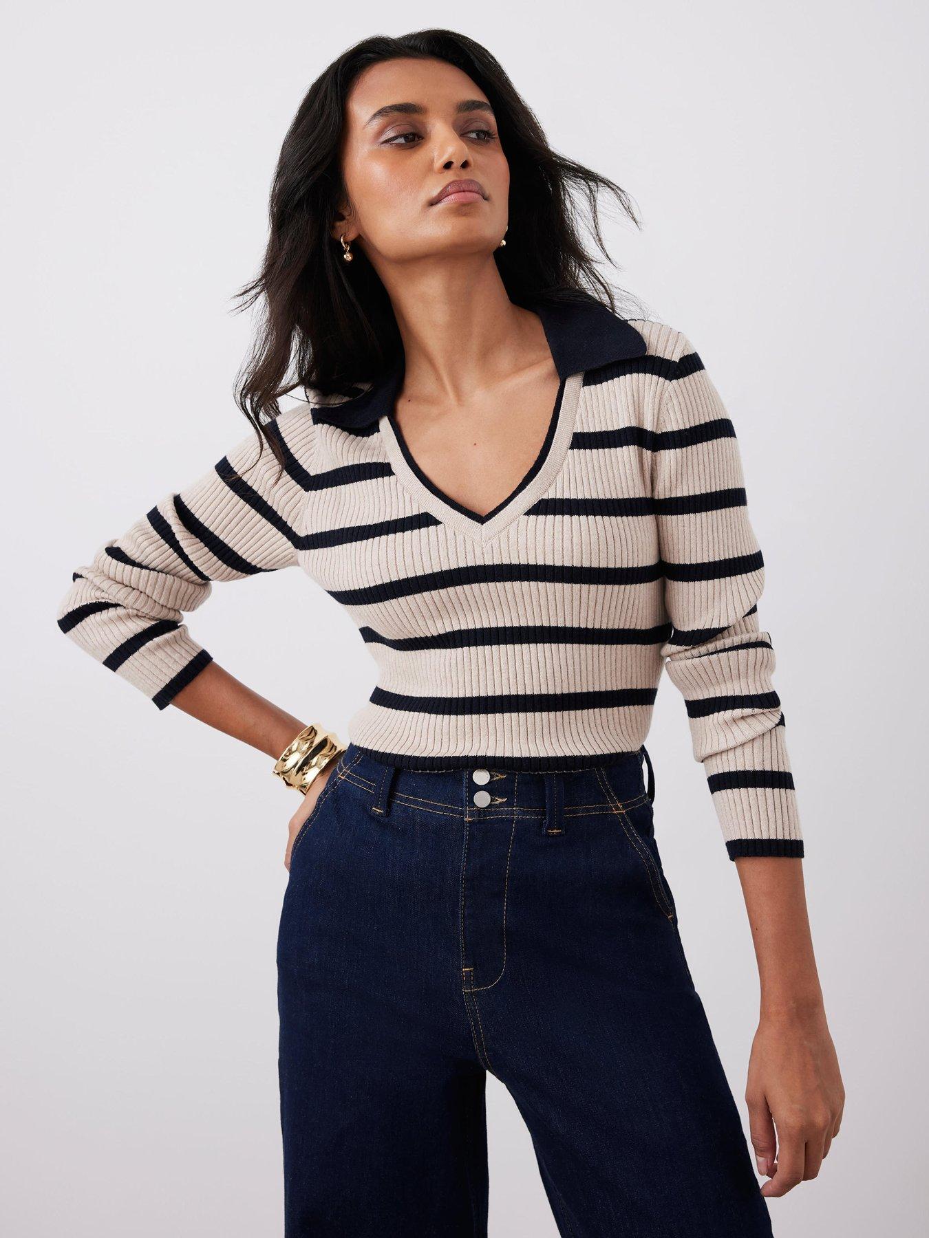 undefined Stripe Double Collar Jumper - Cream