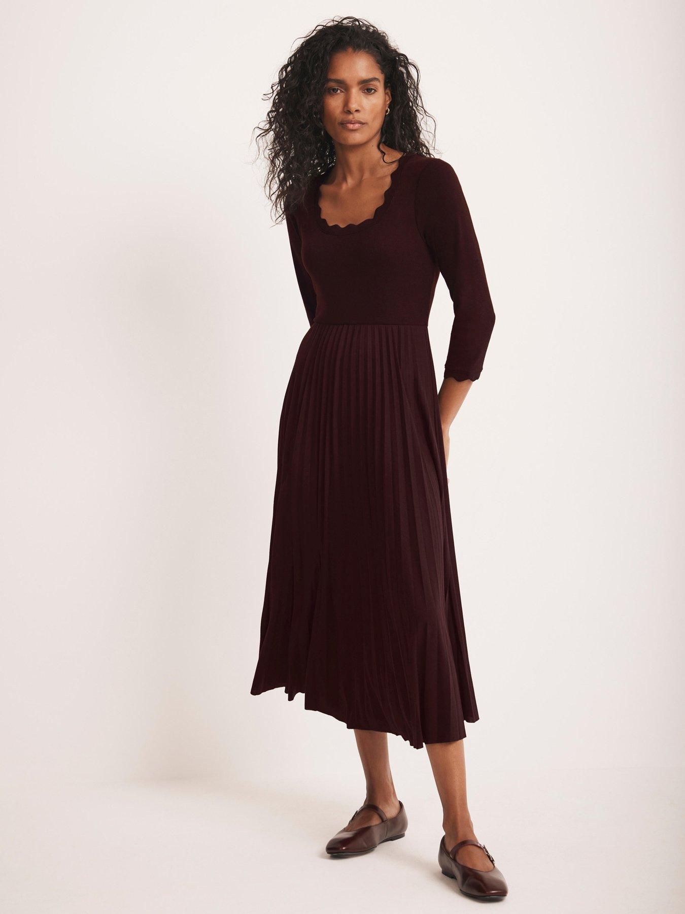 Mint Velvet Scallop Woven Mix Jersey Dress - Red