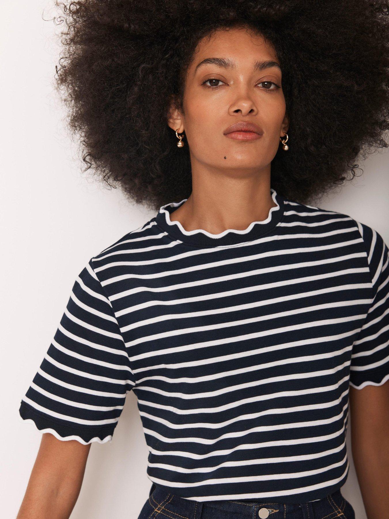 Mint Velvet: Navy Stripe Scallop T-Shirt - Blue