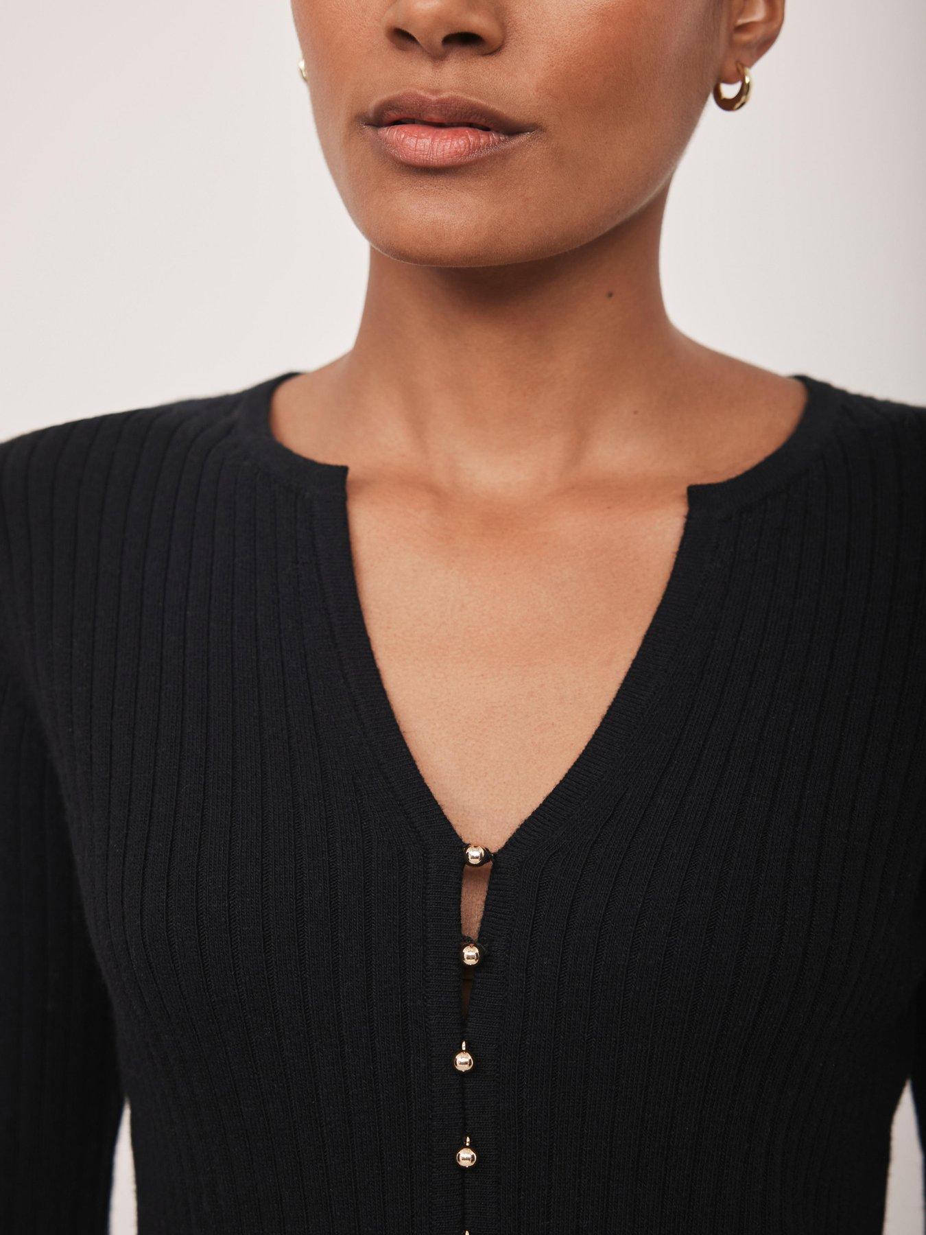 Mint Velvet Button Detail Rib Top - Black | Very