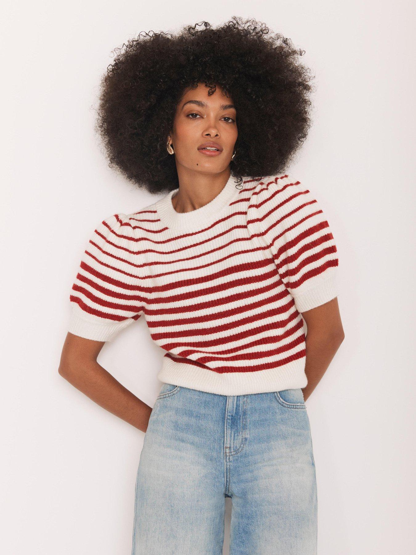 undefined Stripe Puff Sleeve Knit Top - Red