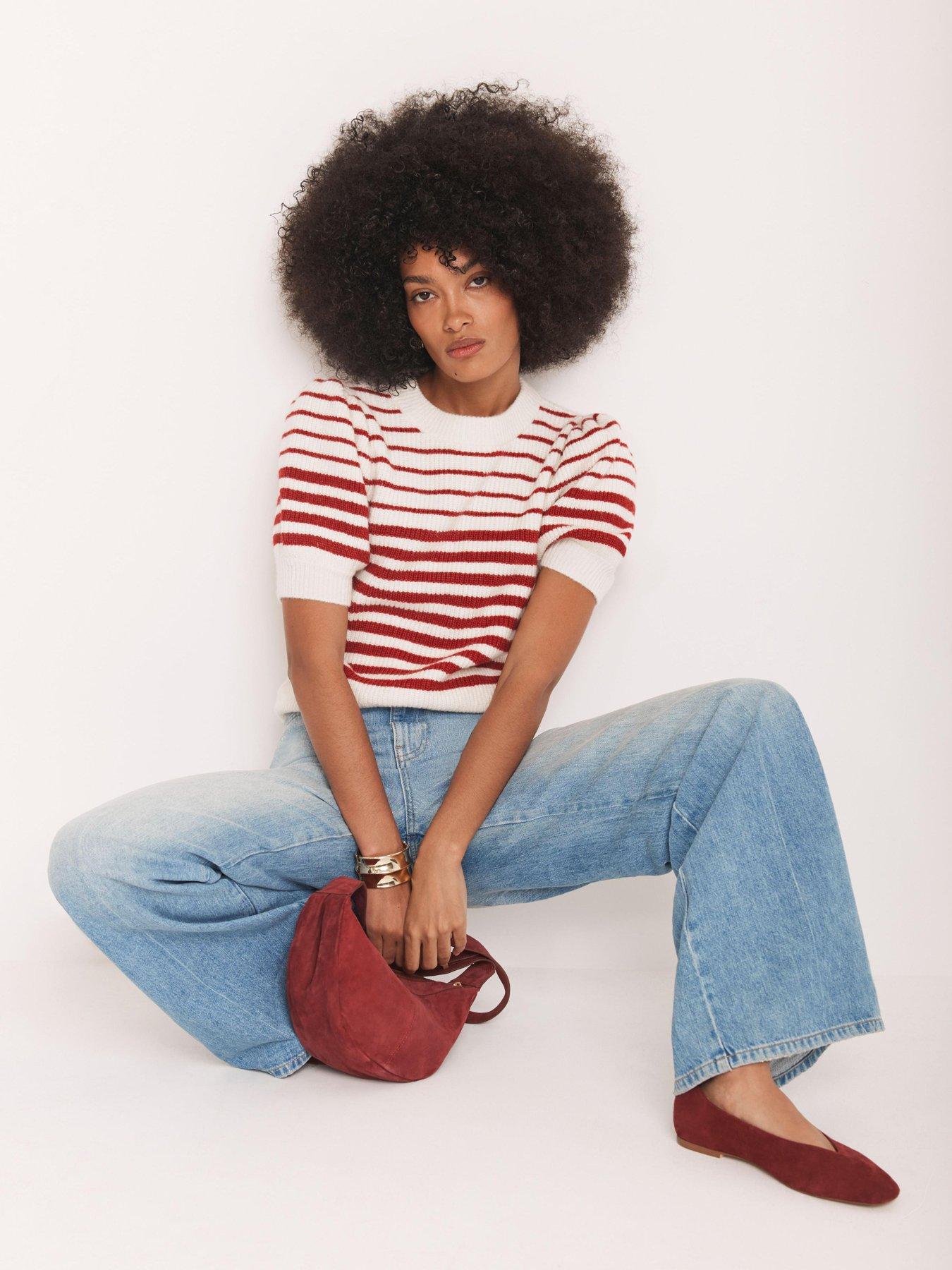 Image 2 of 6 of Mint Velvet Stripe Puff Sleeve Knit Top - Red