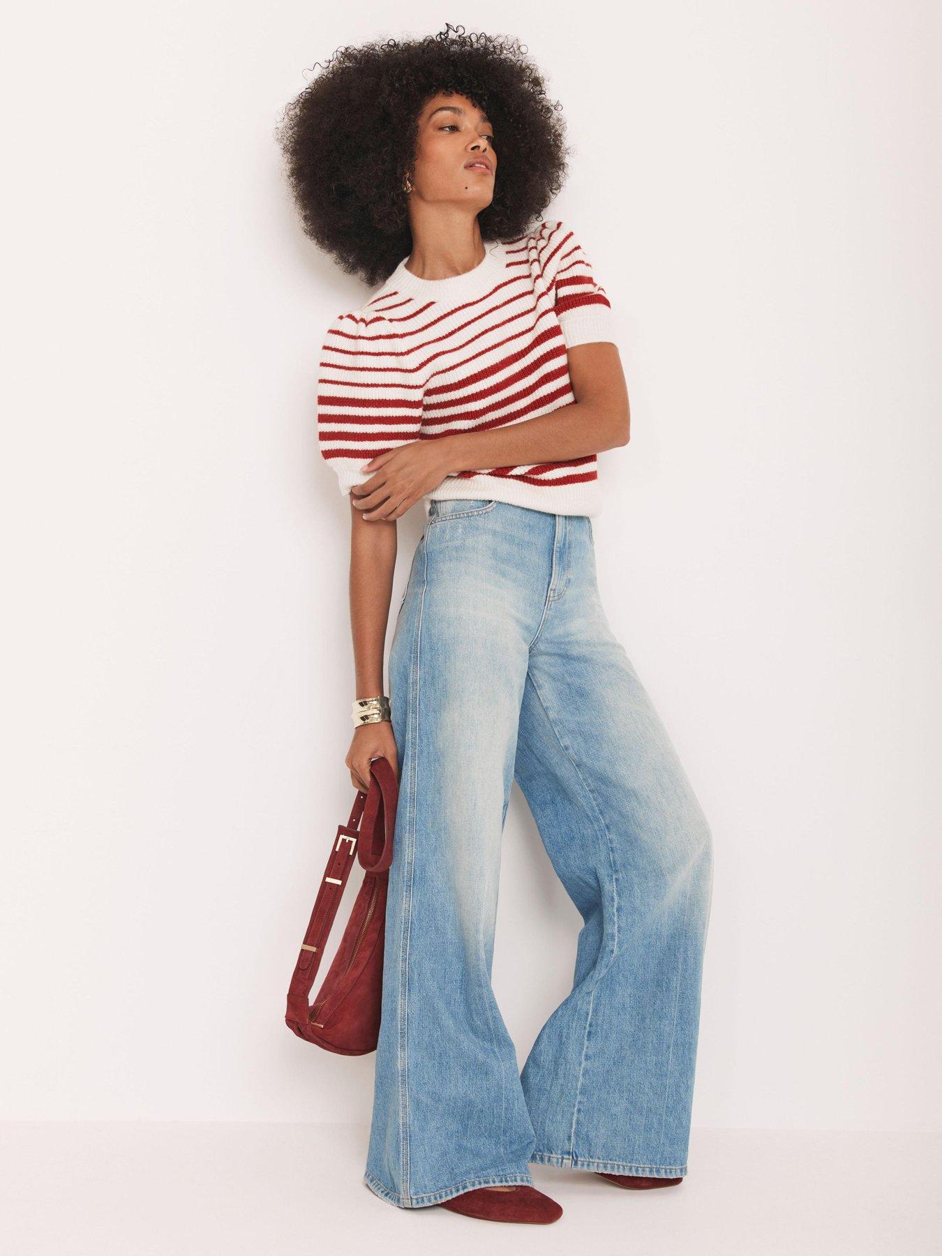 Image 3 of 6 of Mint Velvet Stripe Puff Sleeve Knit Top - Red