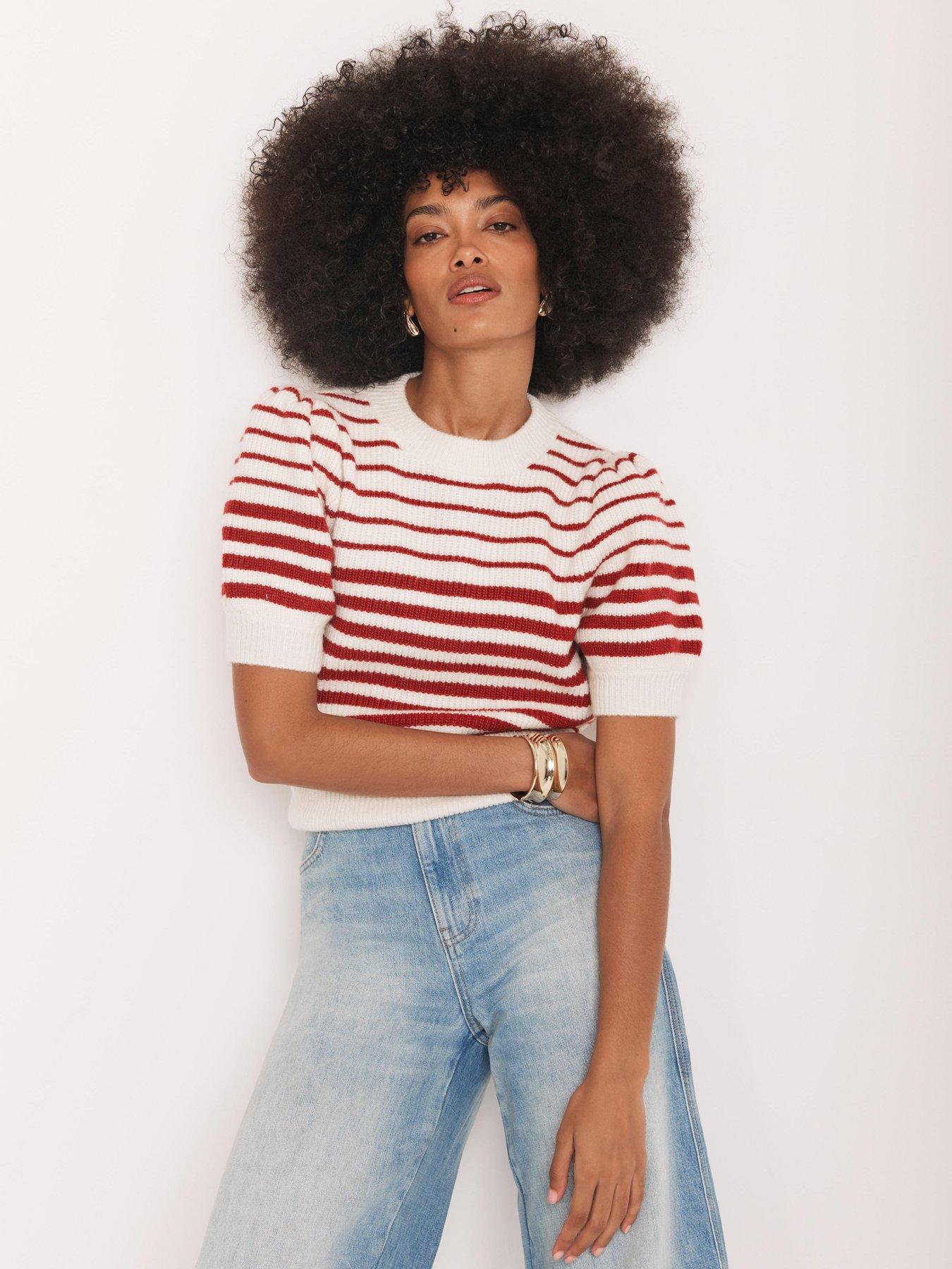 Image 4 of 6 of Mint Velvet Stripe Puff Sleeve Knit Top - Red