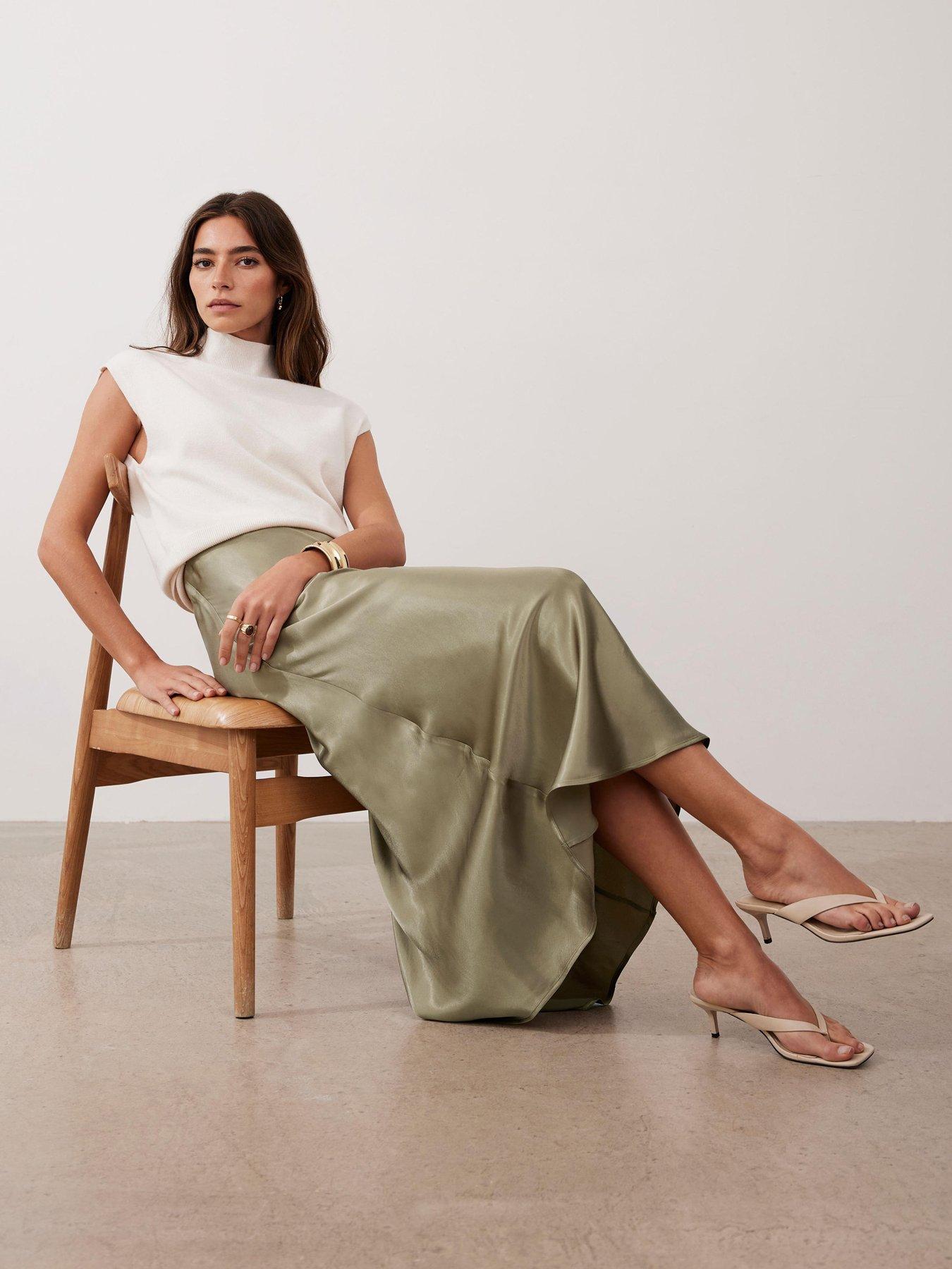 undefined Khaki Satin Slip Midi Skirt - Green