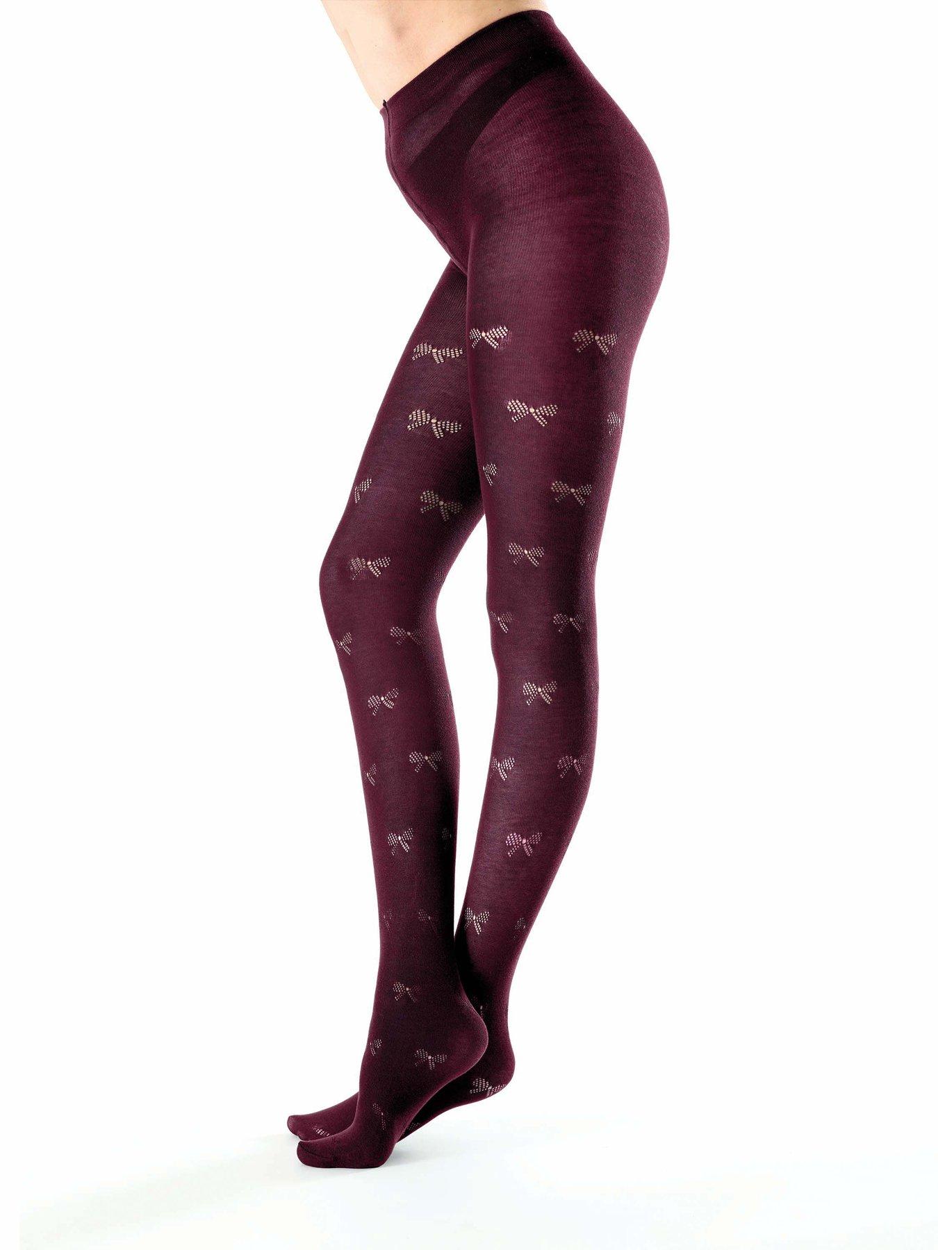 Pretty Polly Knit Bow Pattern Tights - Burgundy