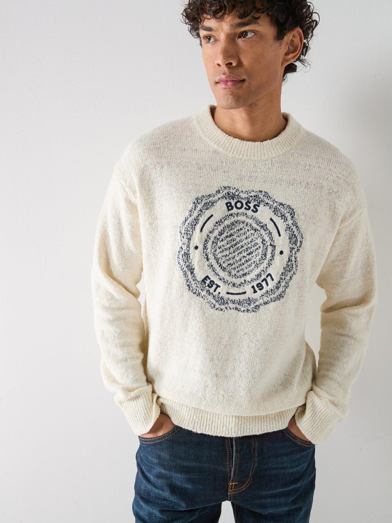 Image 1 of 6 of BOSS Kerbert Emblem Logo Knitted Jumper - White