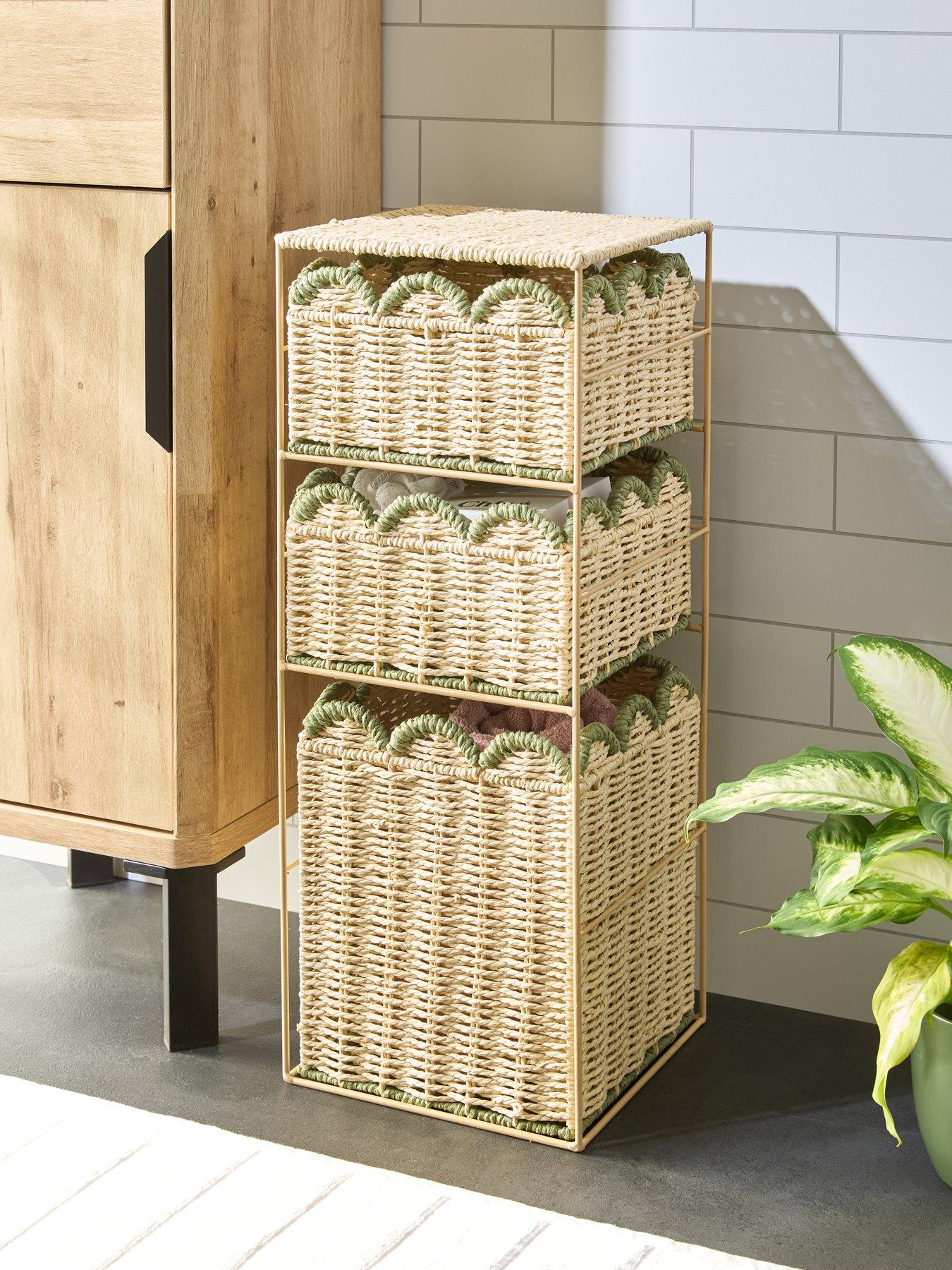 The Very Collection 3 Tier Green Scallop Edge Woven Bathroom Storage Drawers