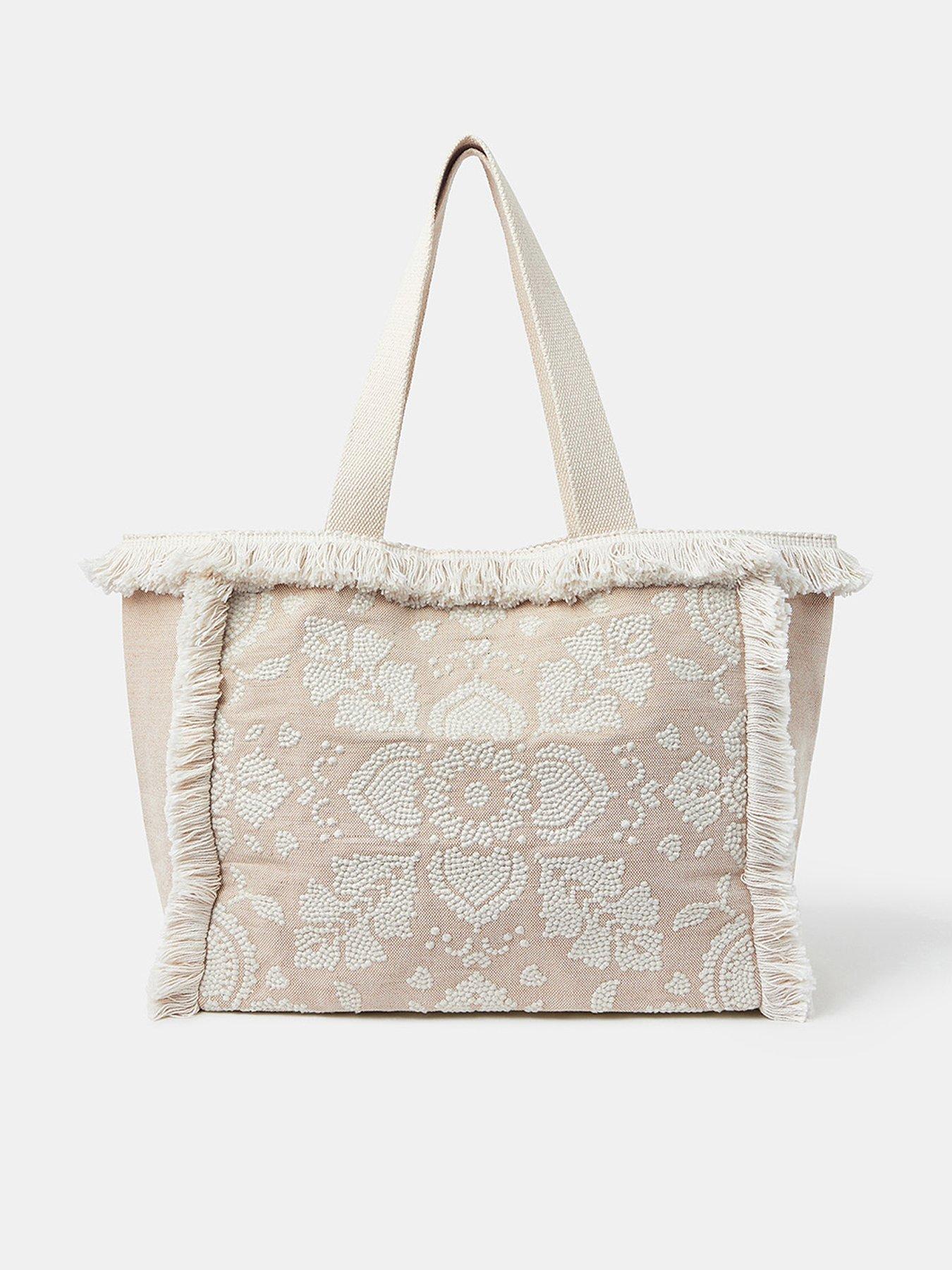 undefined Embroidered Fringe Tote Bag - Natural