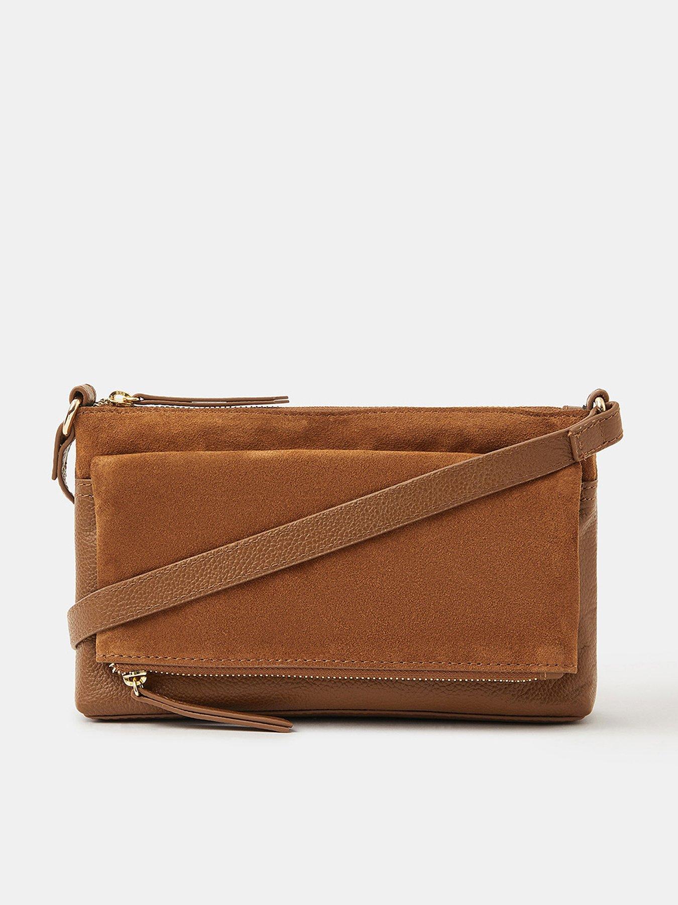 Accessorize Fold Over Zip Leather Crossbody Bag - Brown