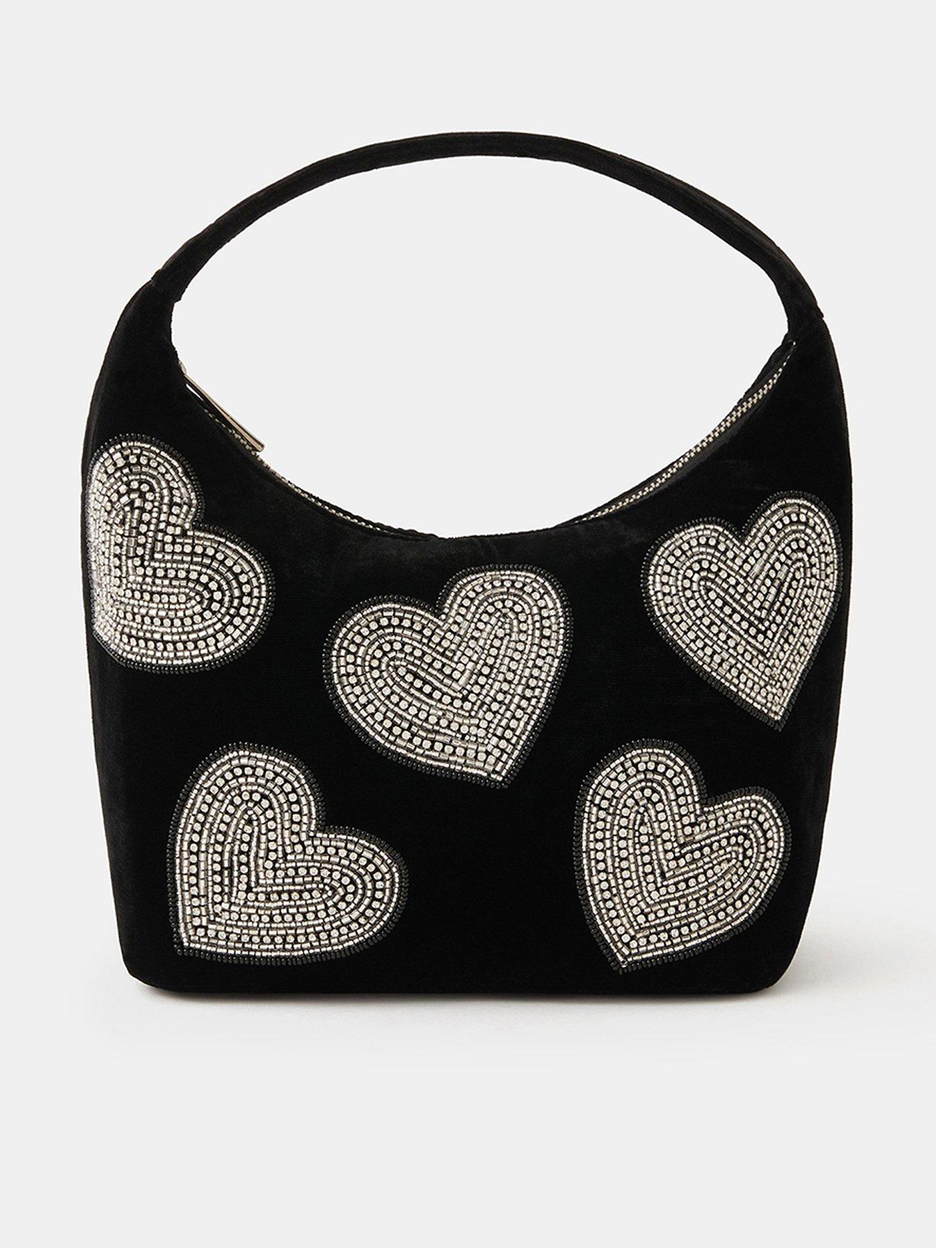 Accessorize Heart Embellished Velvet Handbag - Black