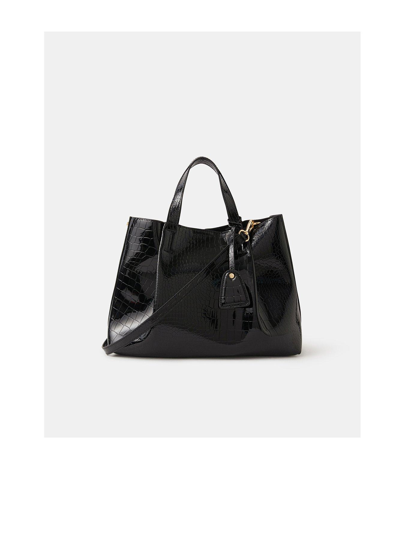 undefined Faux Croc Skin Patent Tote Bag - Black