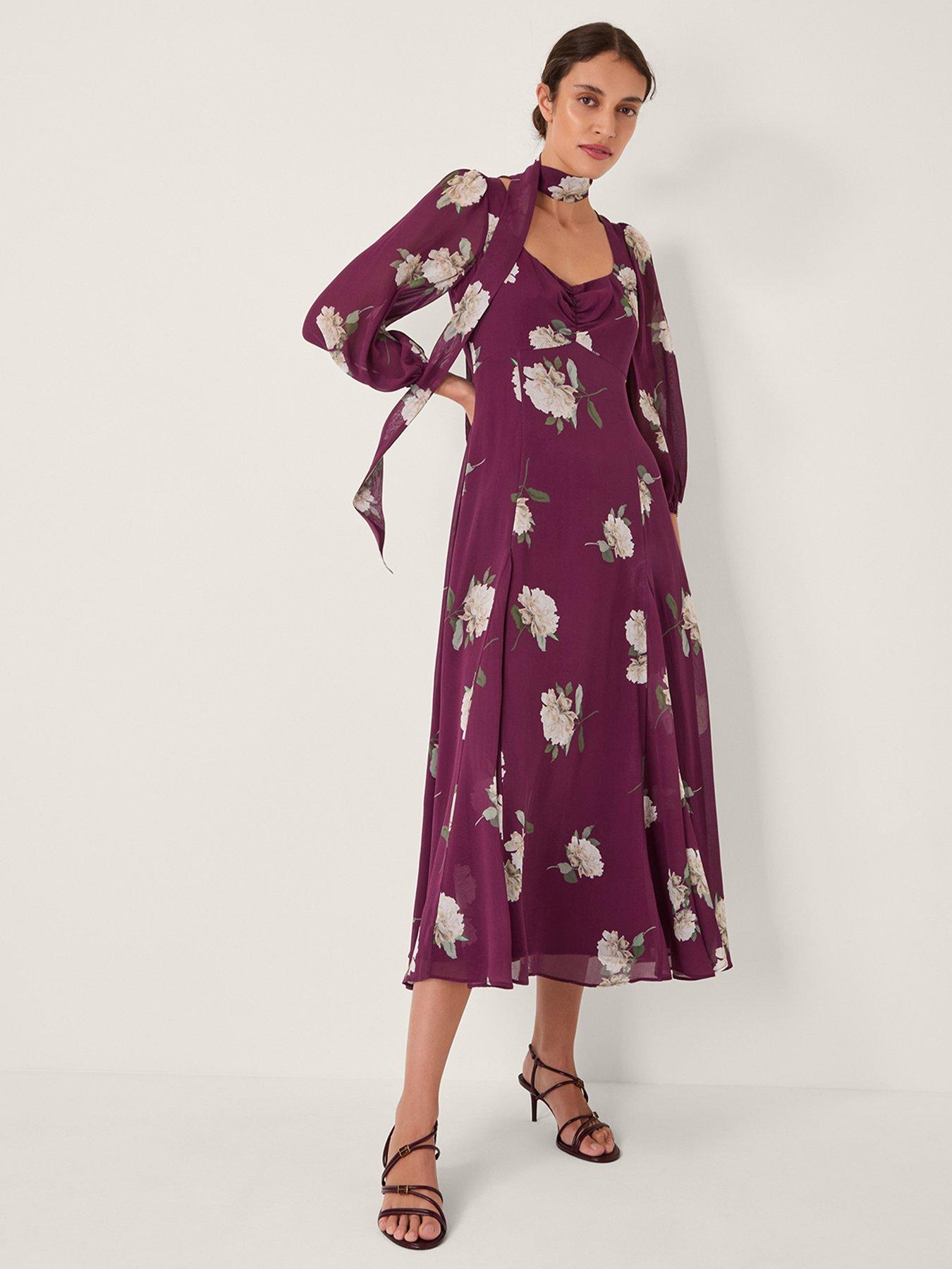 Monsoon Amber Floral Print Dress - Burgundy