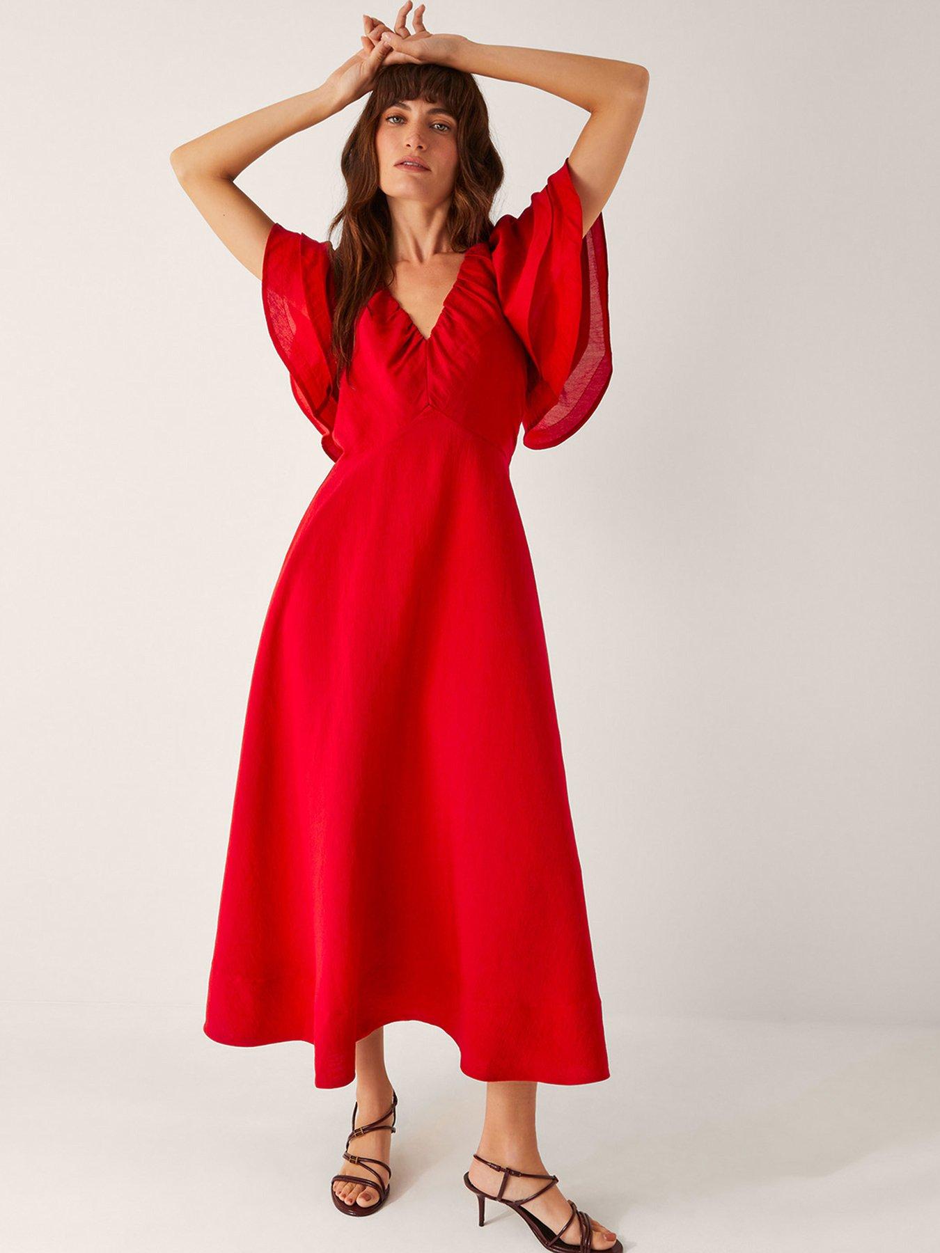undefined Patricia Ruffle Sleeve Midi Dress Red - Red