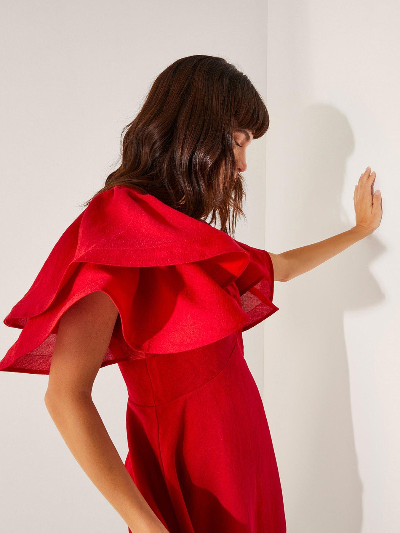 Image 5 of 5 of Monsoon Patricia Ruffle Sleeve Midi Dress Red - Red