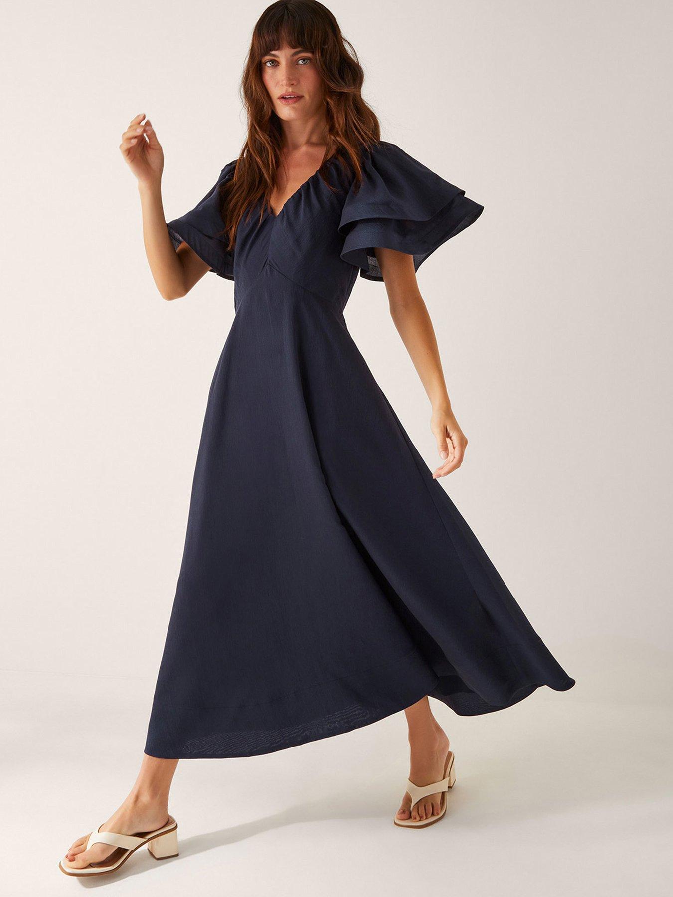 undefined Patricia Ruffle Sleeve Midi Dress Blue - Navy