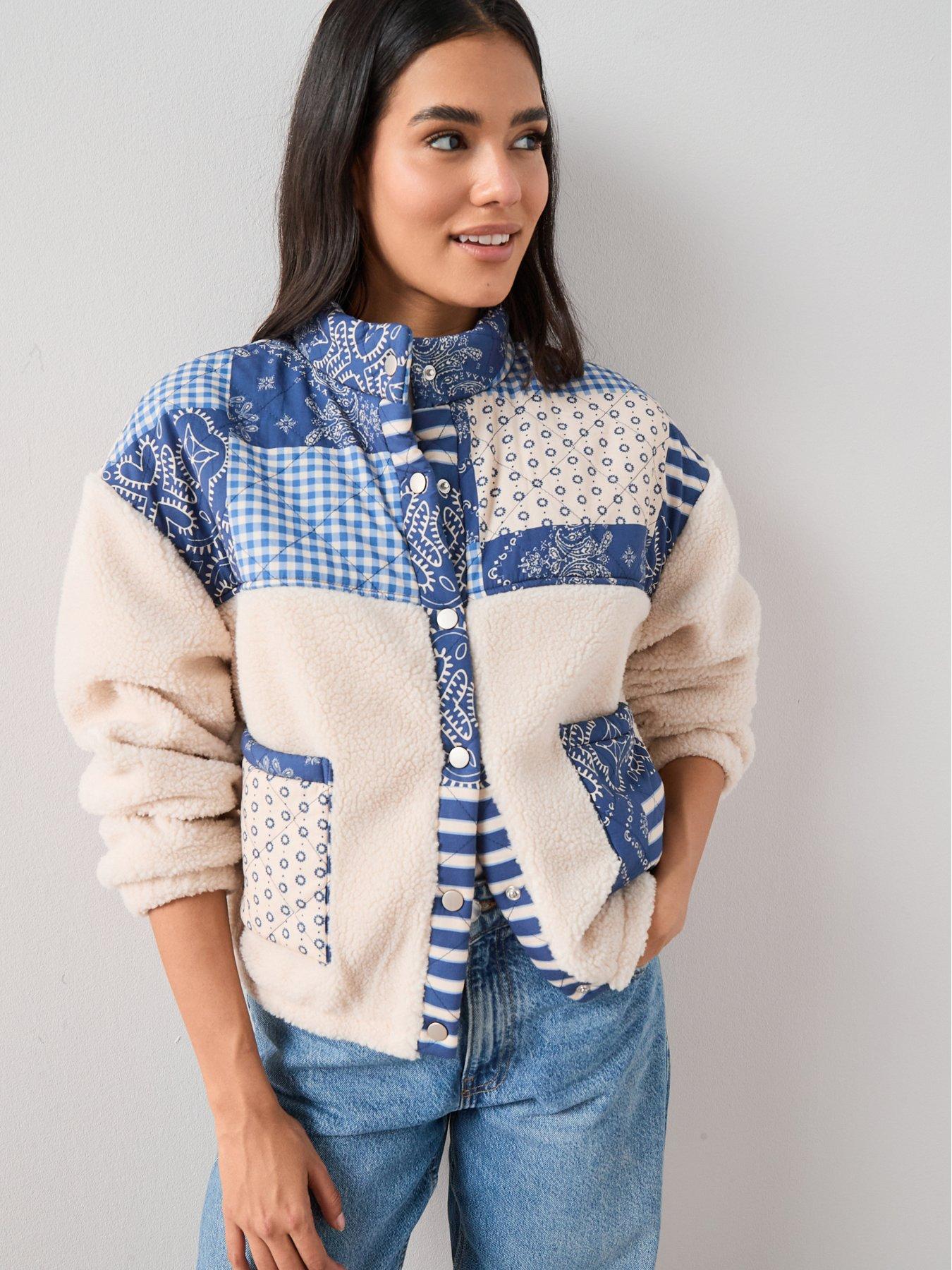 Image 1 of 7 of The Very Collection Quilted Patchwork Borg Bomber Jacket - Cream