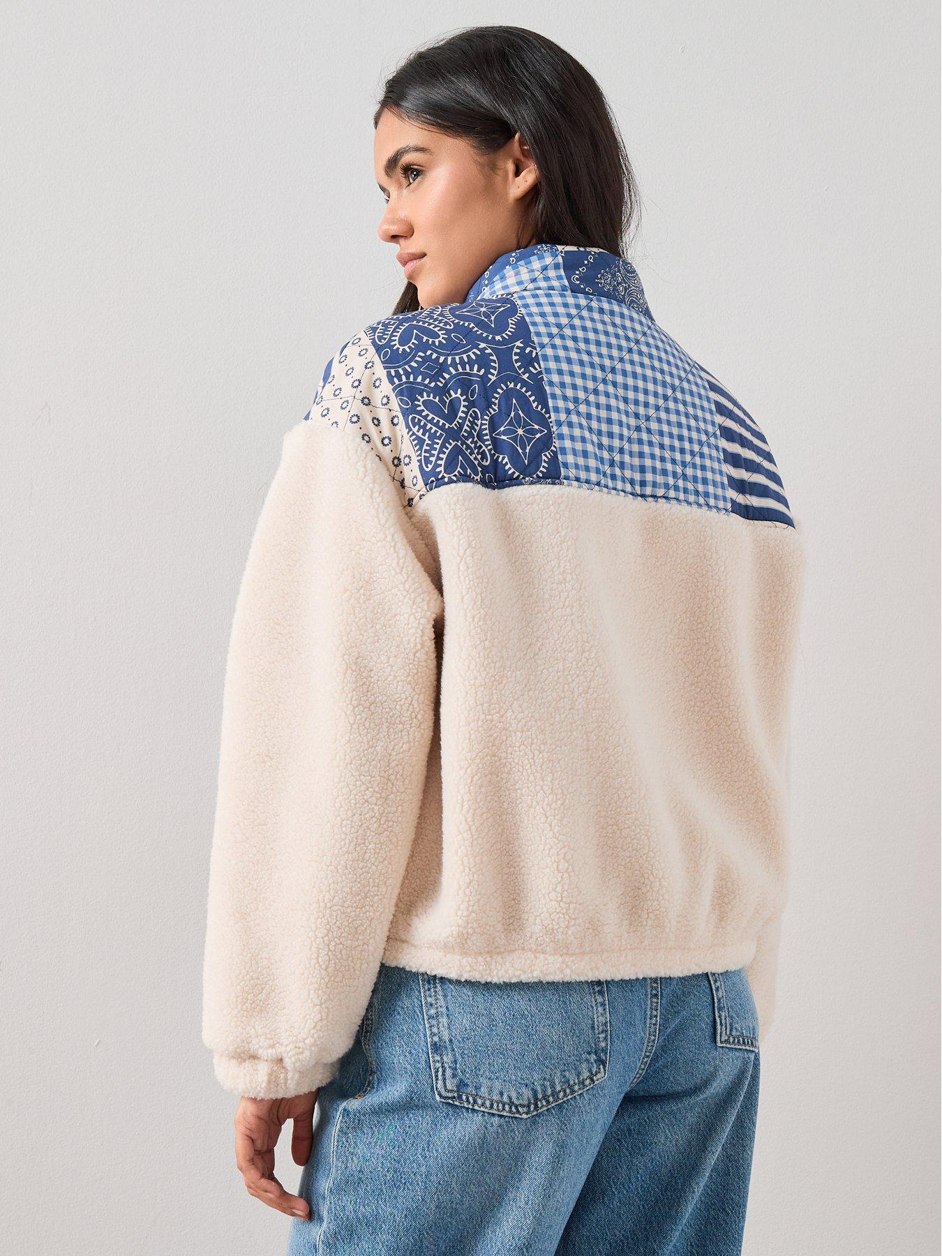 Image 2 of 7 of The Very Collection Quilted Patchwork Borg Bomber Jacket - Cream
