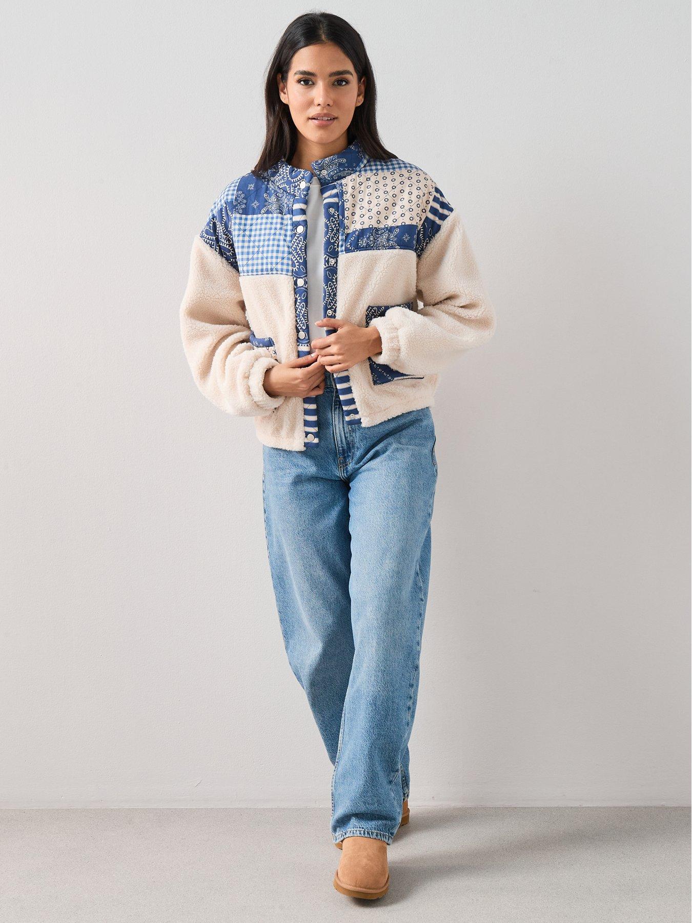 Image 3 of 7 of The Very Collection Quilted Patchwork Borg Bomber Jacket - Cream