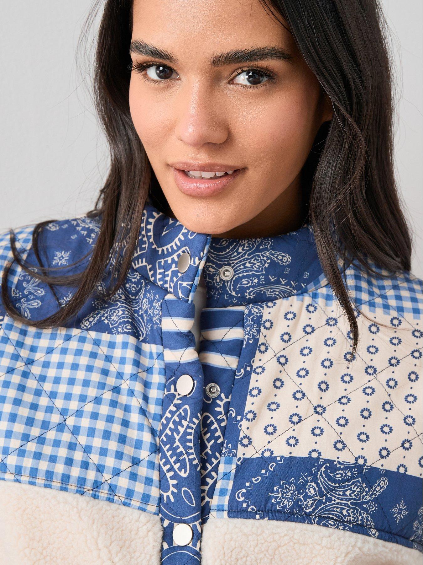 Image 4 of 7 of The Very Collection Quilted Patchwork Borg Bomber Jacket - Cream