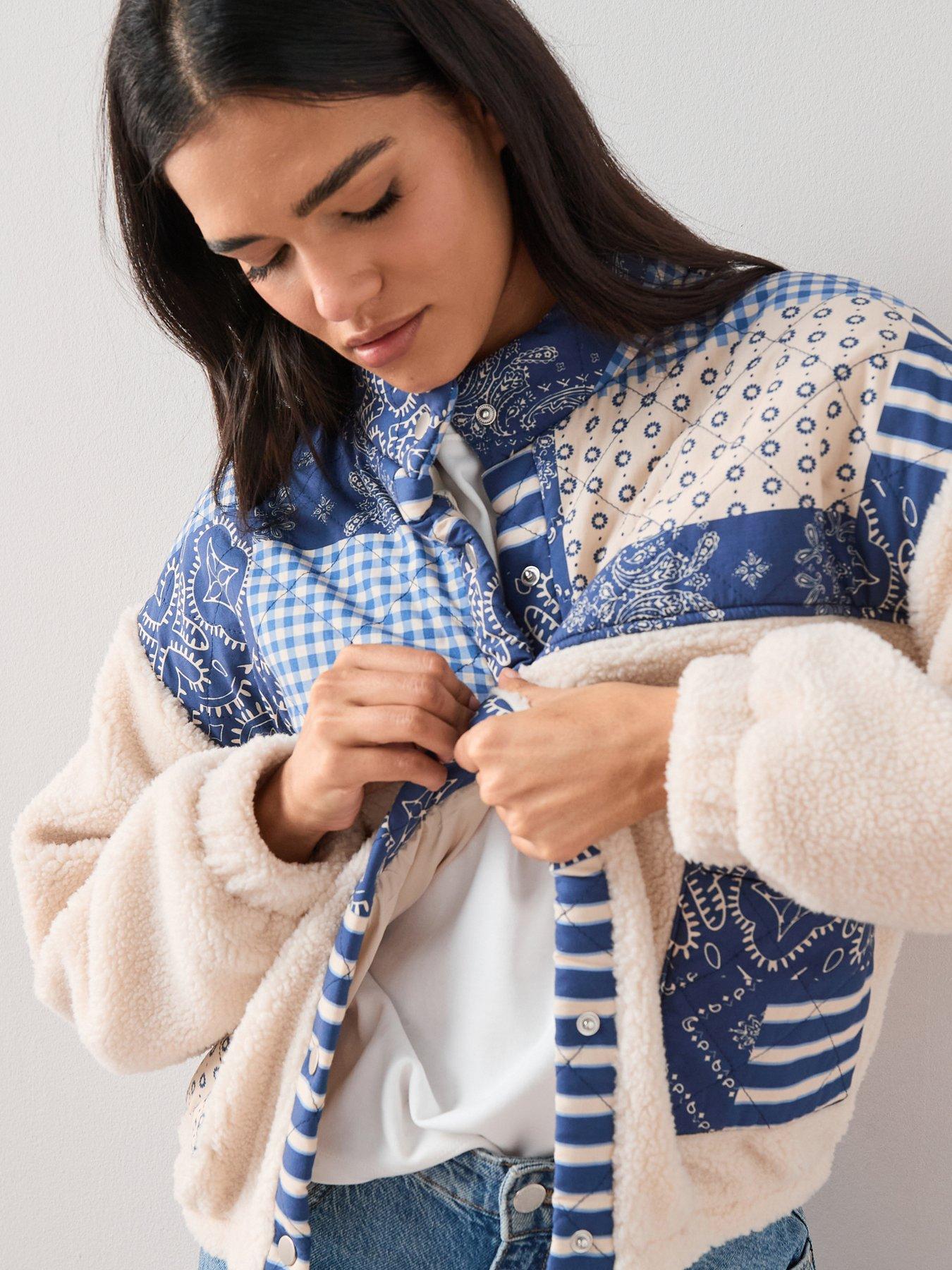 Image 5 of 7 of The Very Collection Quilted Patchwork Borg Bomber Jacket - Cream