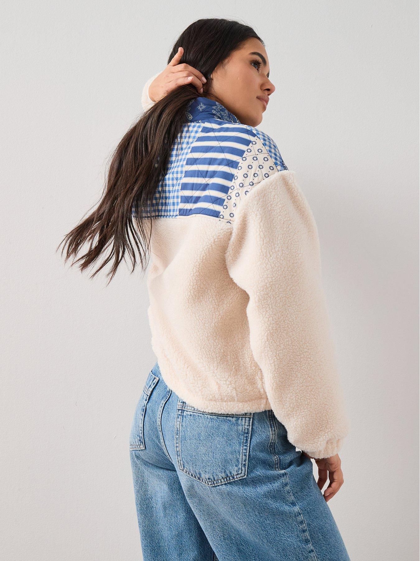 Image 6 of 7 of The Very Collection Quilted Patchwork Borg Bomber Jacket - Cream