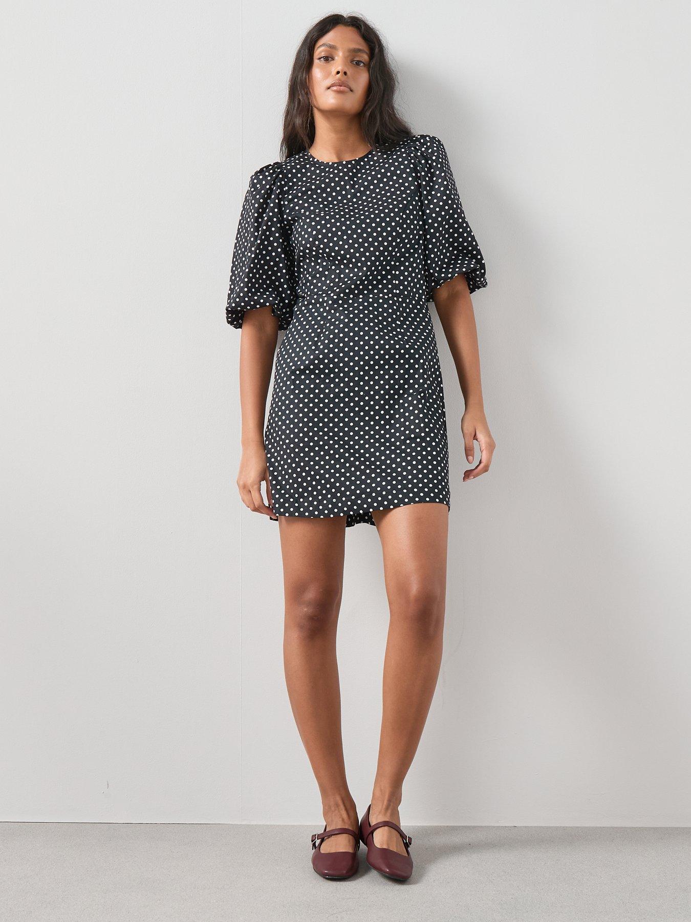 The Very Collection Polka Dot Puff Sleeve Mini Dress - Black/White | Very