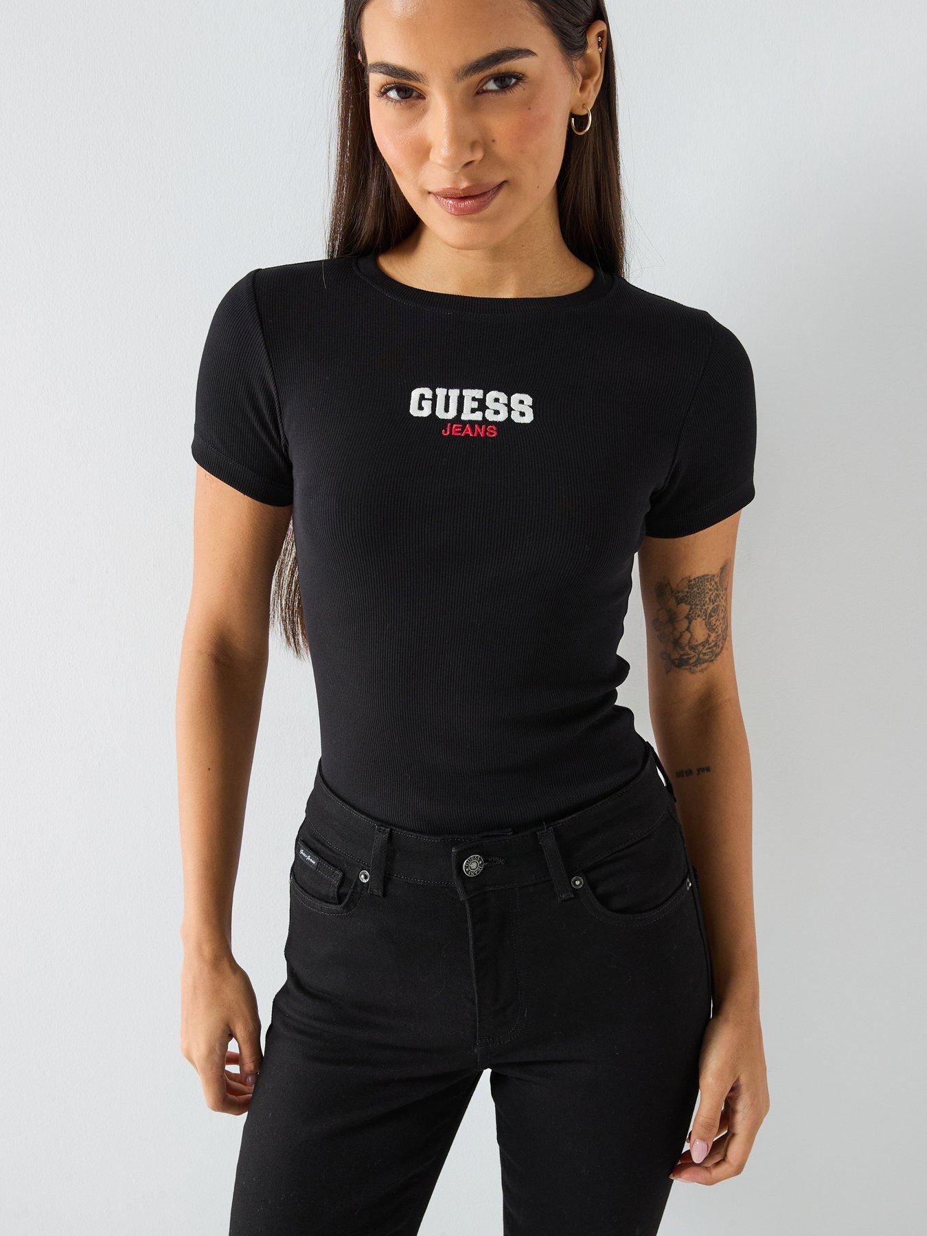 Guess Jeans Short Sleeve Slim Ribbed Embroidered T-Shirt - Black