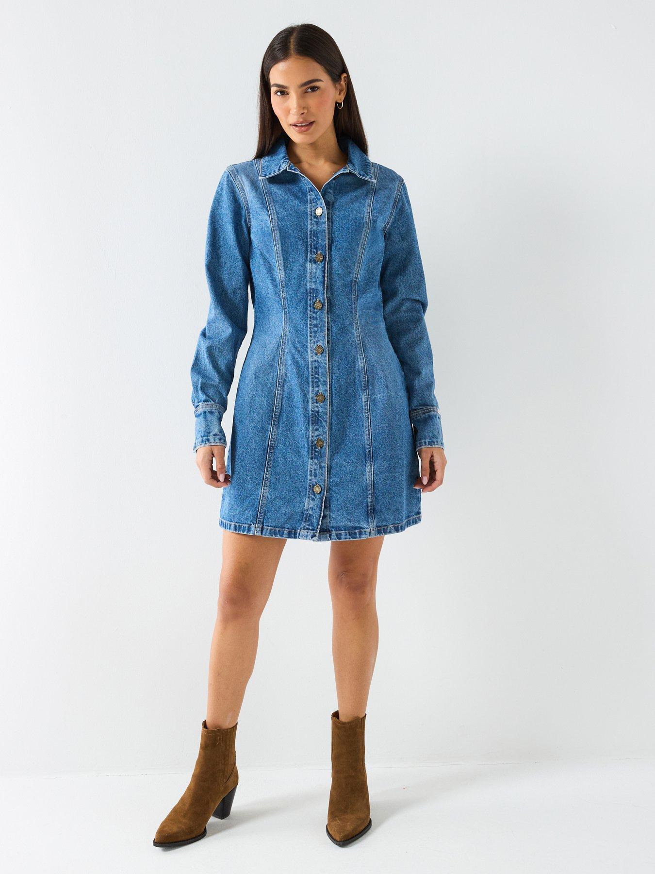 Guess Jeans Seamed Denim & Shirt Dress - Blue