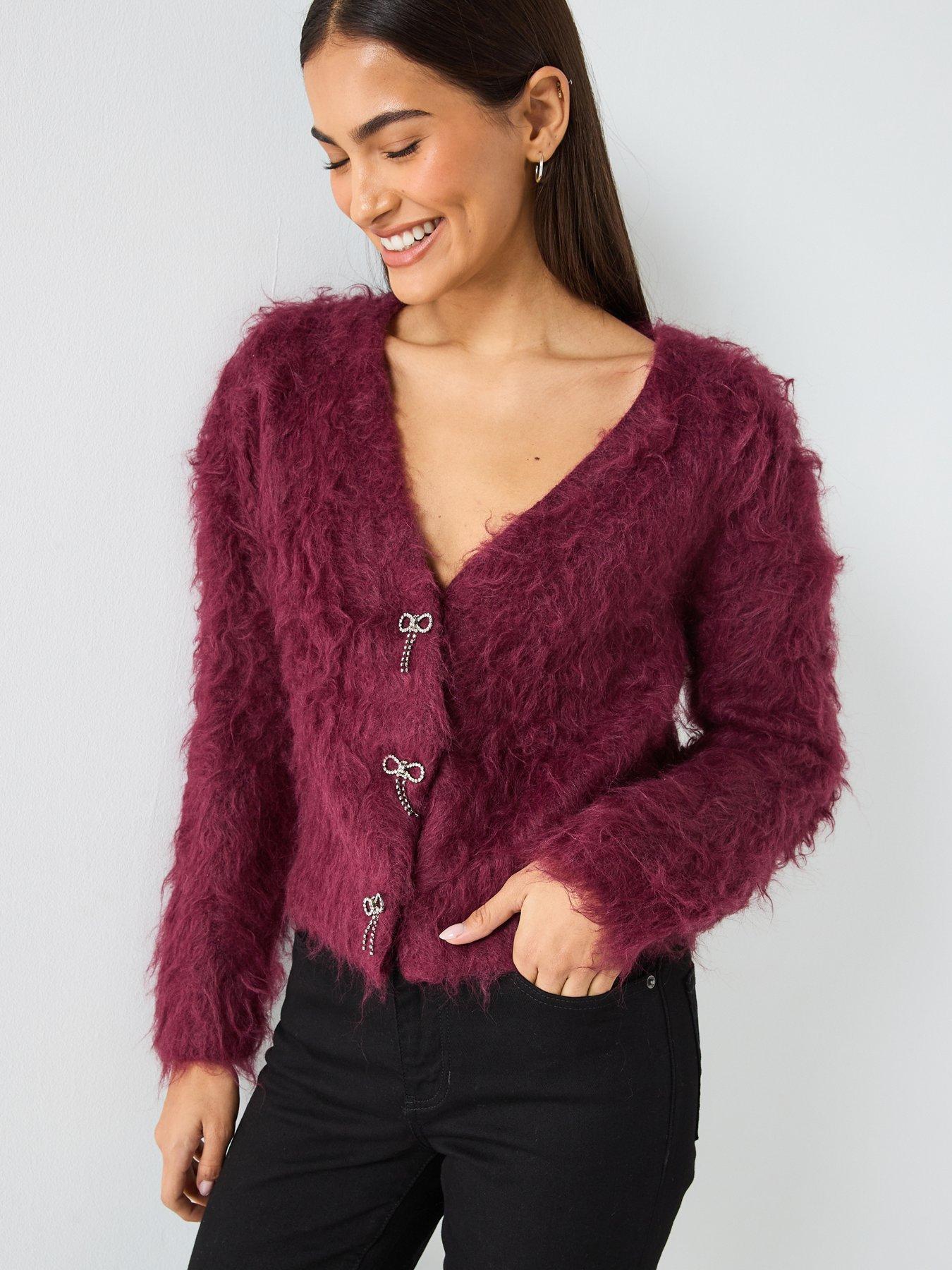 Guess Long Sleeve Bow Button Cardigan - Dark Red