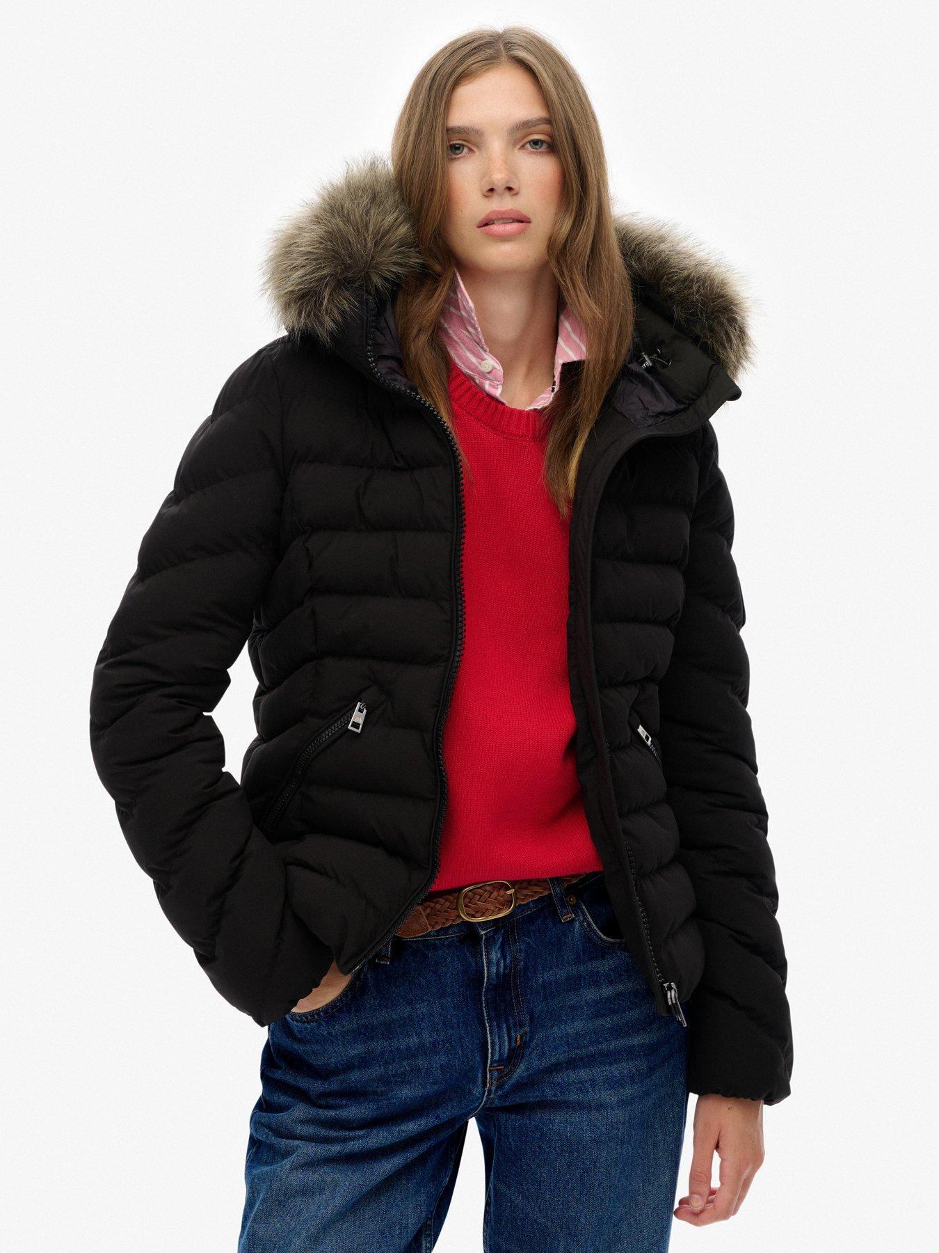 Superdry: Fuji Faux Fur Hood Padded Jacket - Black