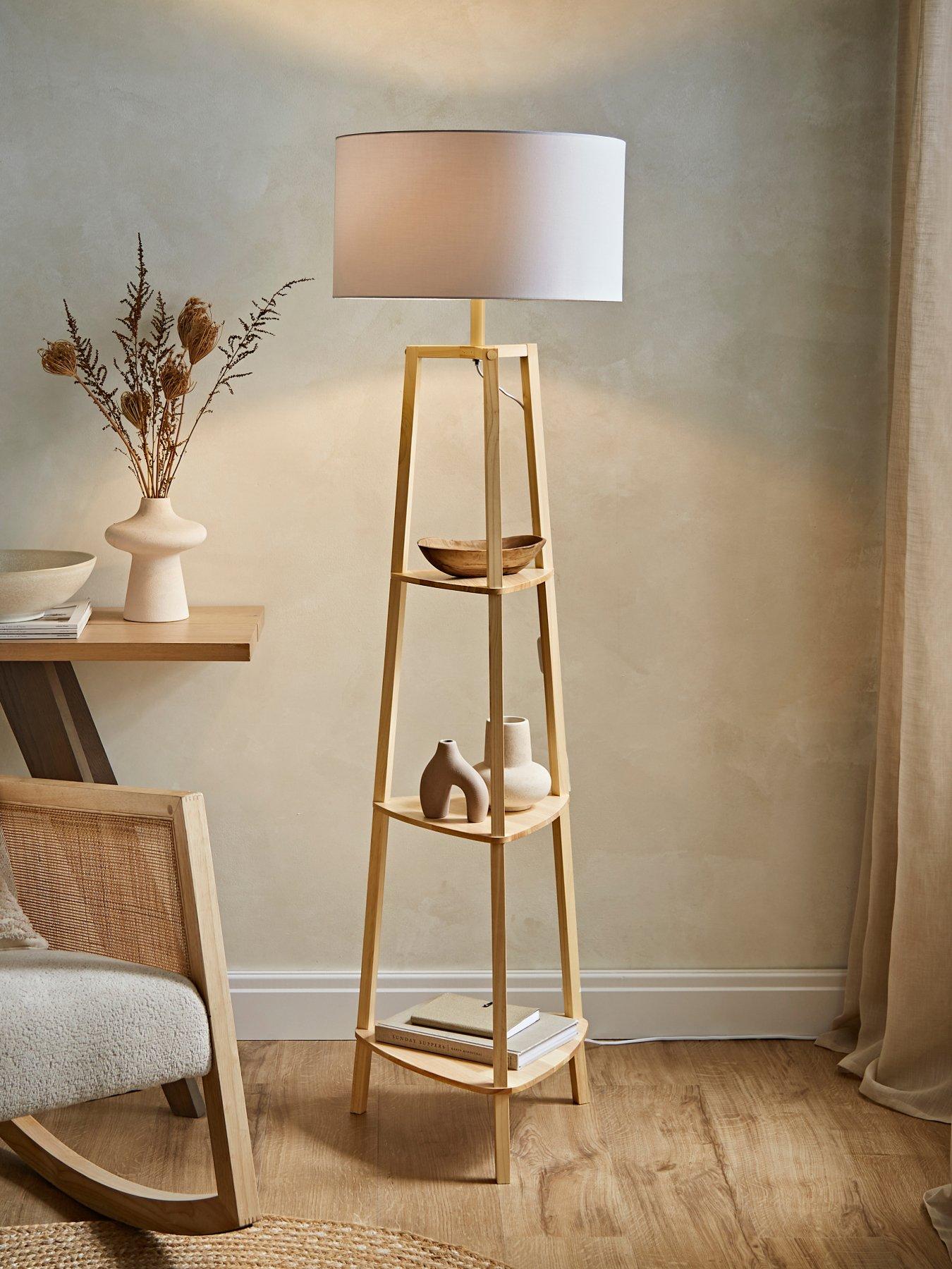 ValueLights Hiru Natural Wood 3 Tier Shelf Floor Lamp With Large White Shade