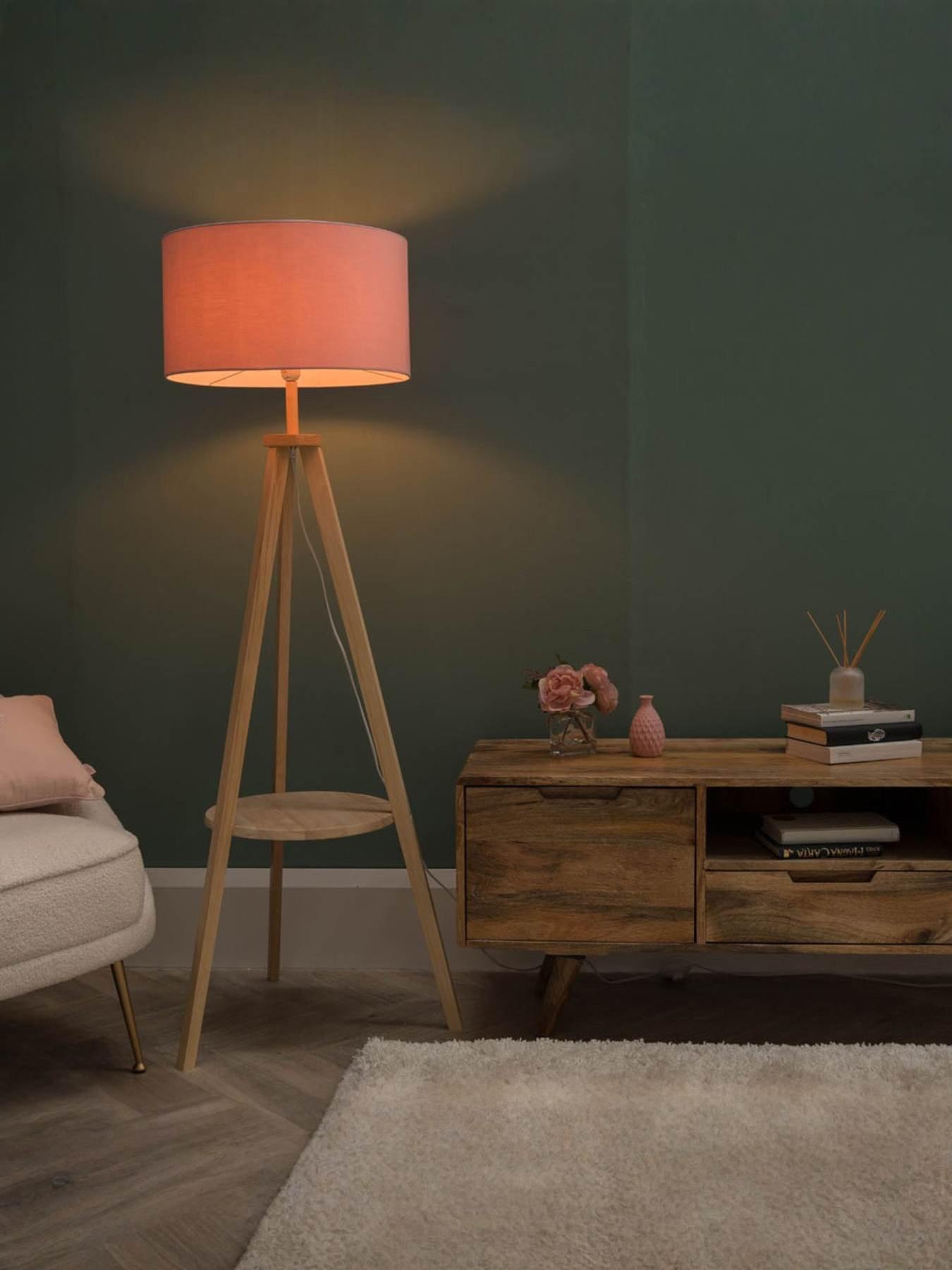 ValueLights Morrigan Light Wood Tripod Floor Lamp With Large Blush Reni Shade