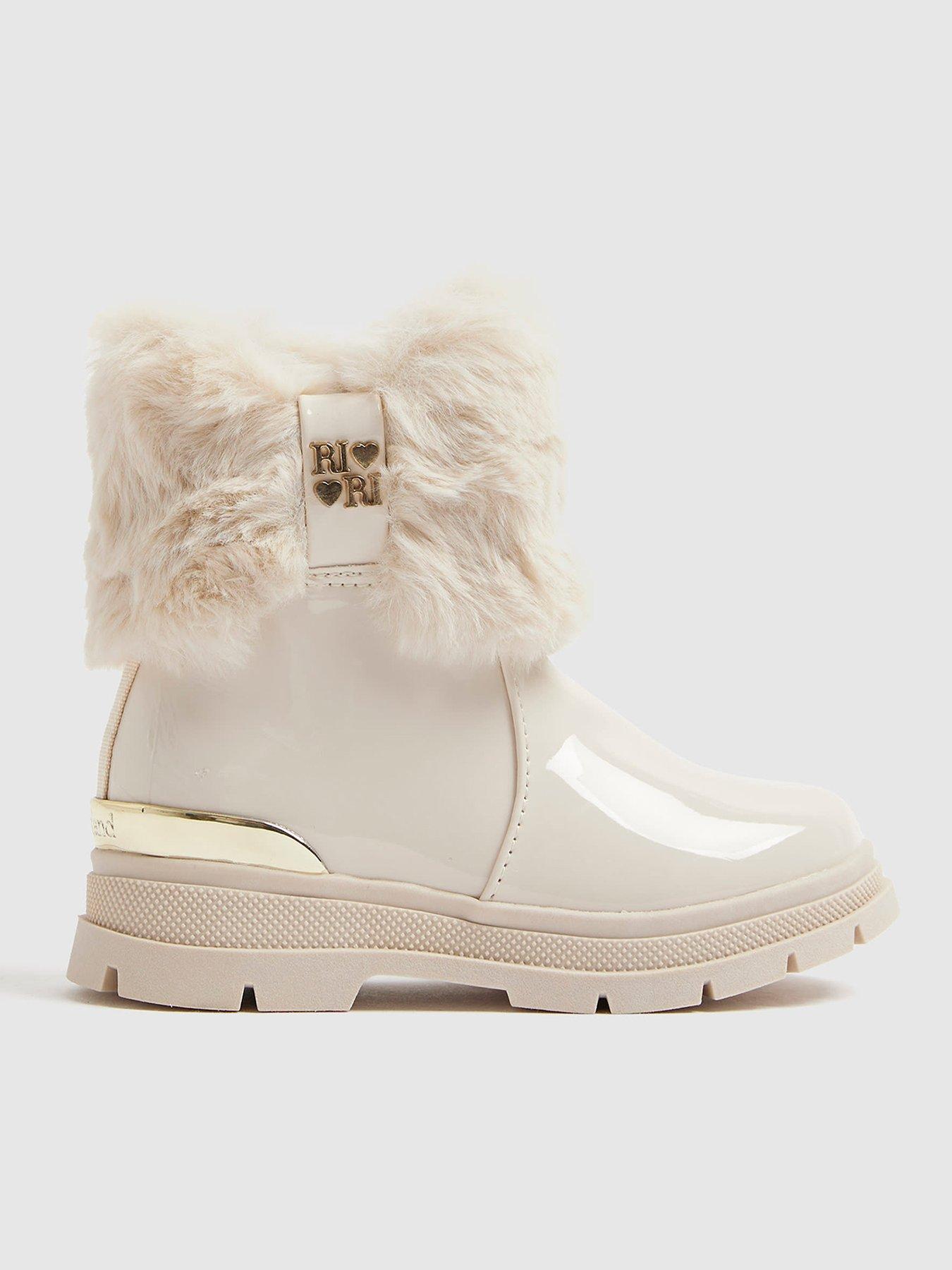 River Island Mini Girls Heart Bow Faux Fur Boots - Cream