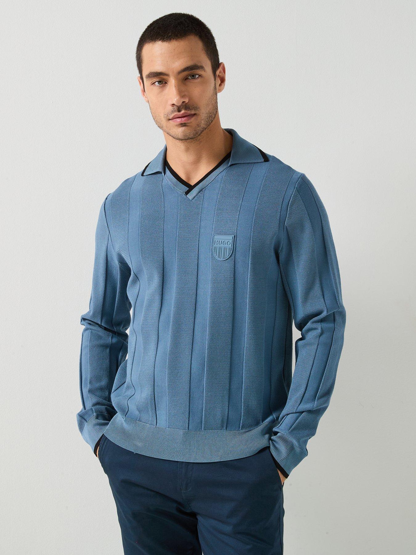 HUGO Open Collar Shield Logo Knitted Polo Top - Blue