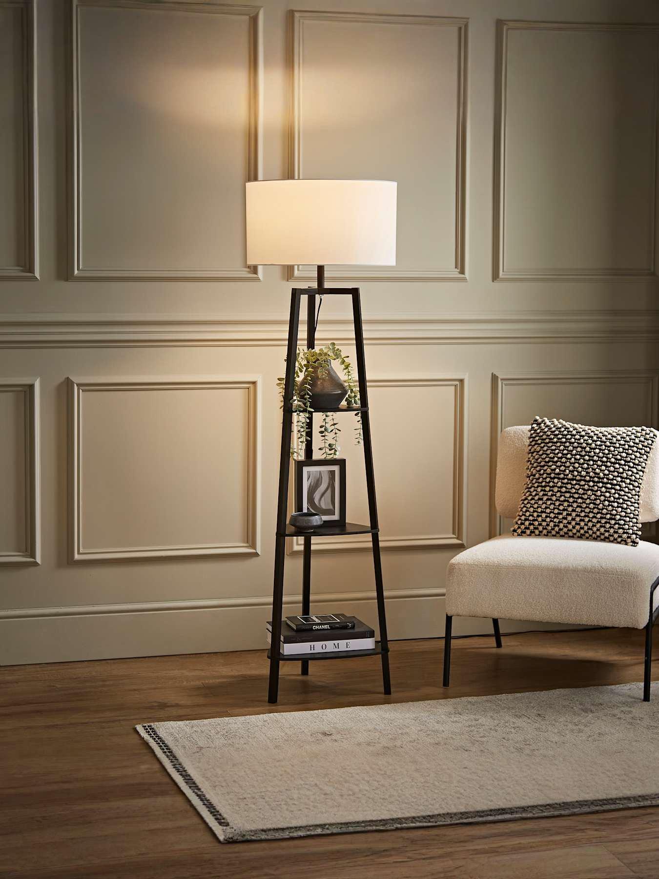 ValueLights Hiru Matt Black 3 Tier Shelf Floor Lamp With Large Black Shade