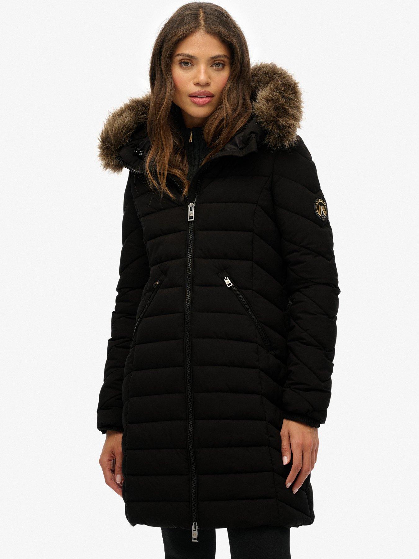 Superdry Fuji Faux Fur Hood Mid Length Coat - Black