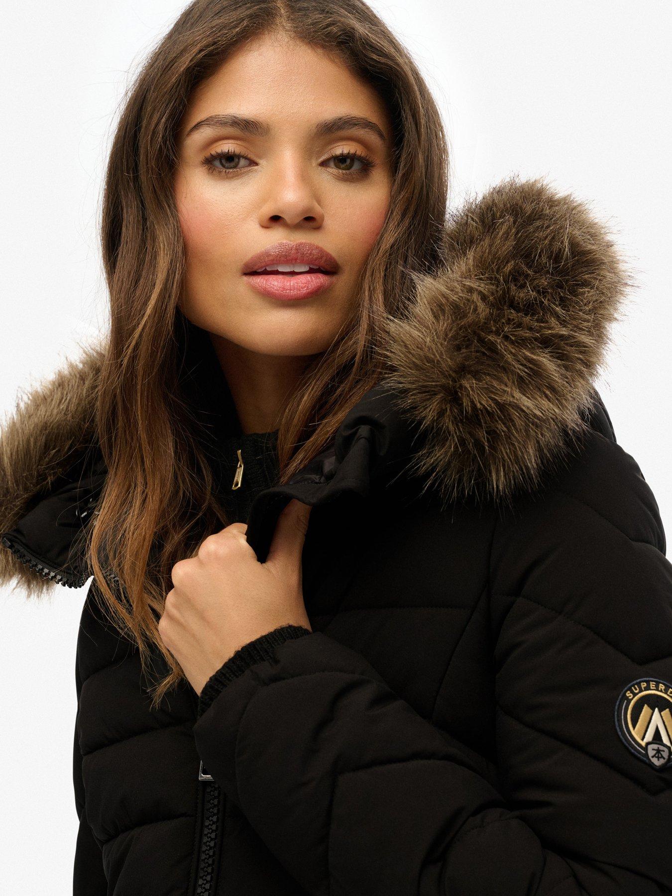 Superdry Fuji Faux Fur Hood Mid Length Coat - Black | Very