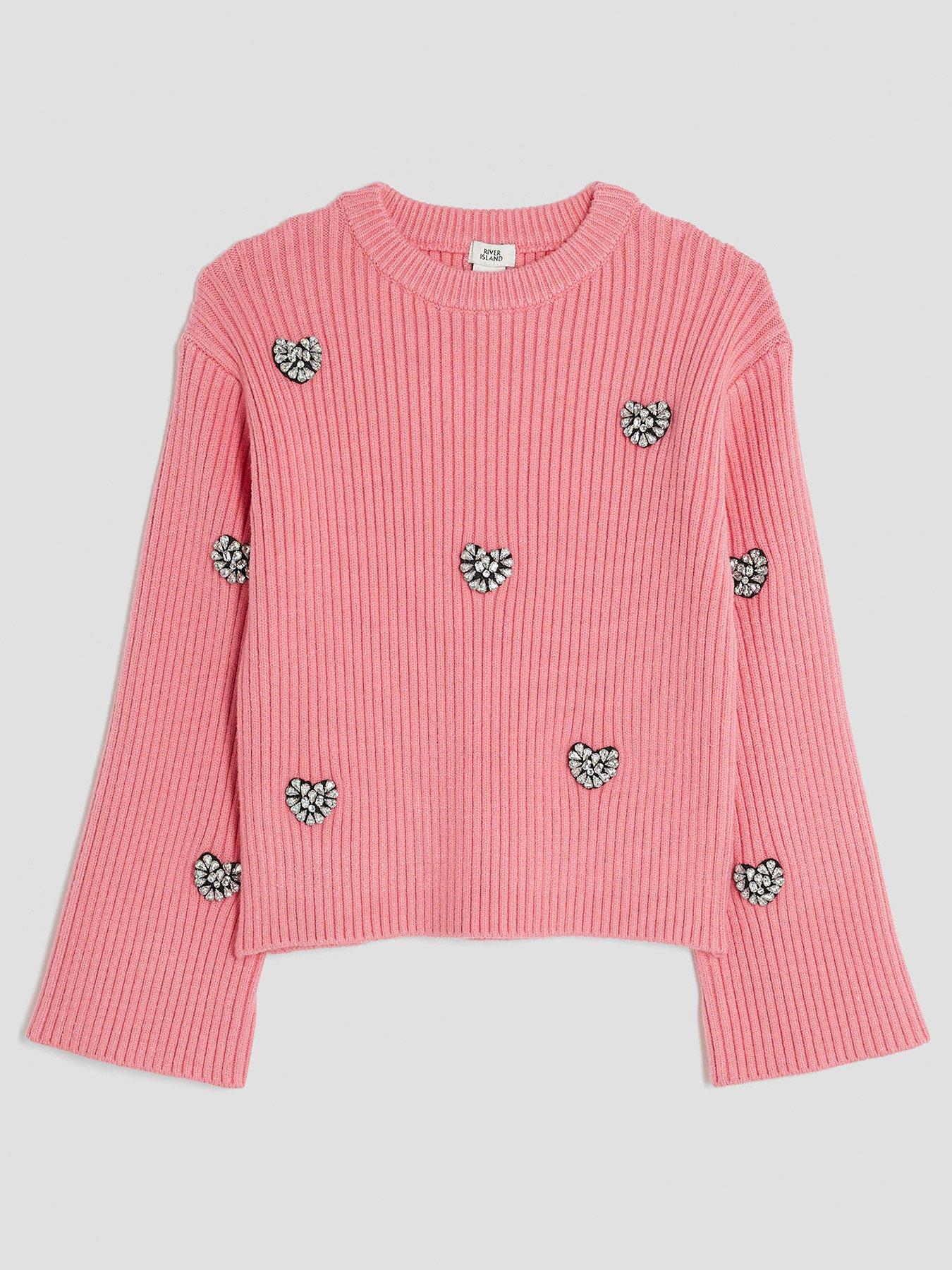 River Island: Older Girls Embellished Heart Jumper - Light Pink
