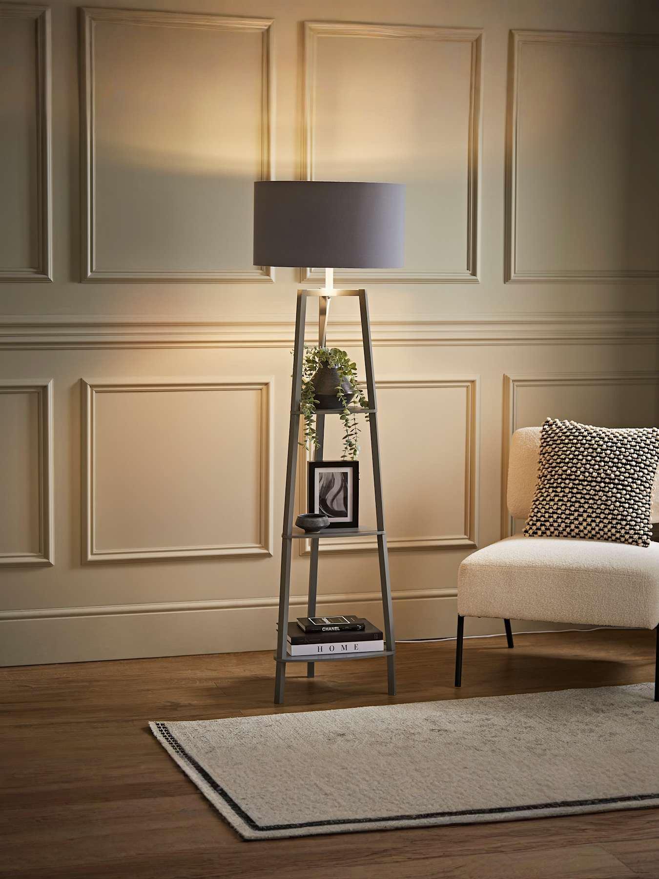 ValueLights Hiru Grey 3 Tier Shelf Wooden Floor Lamp + Reni Xl Ne Pendant Drum Shade Grey & Chrome Inner