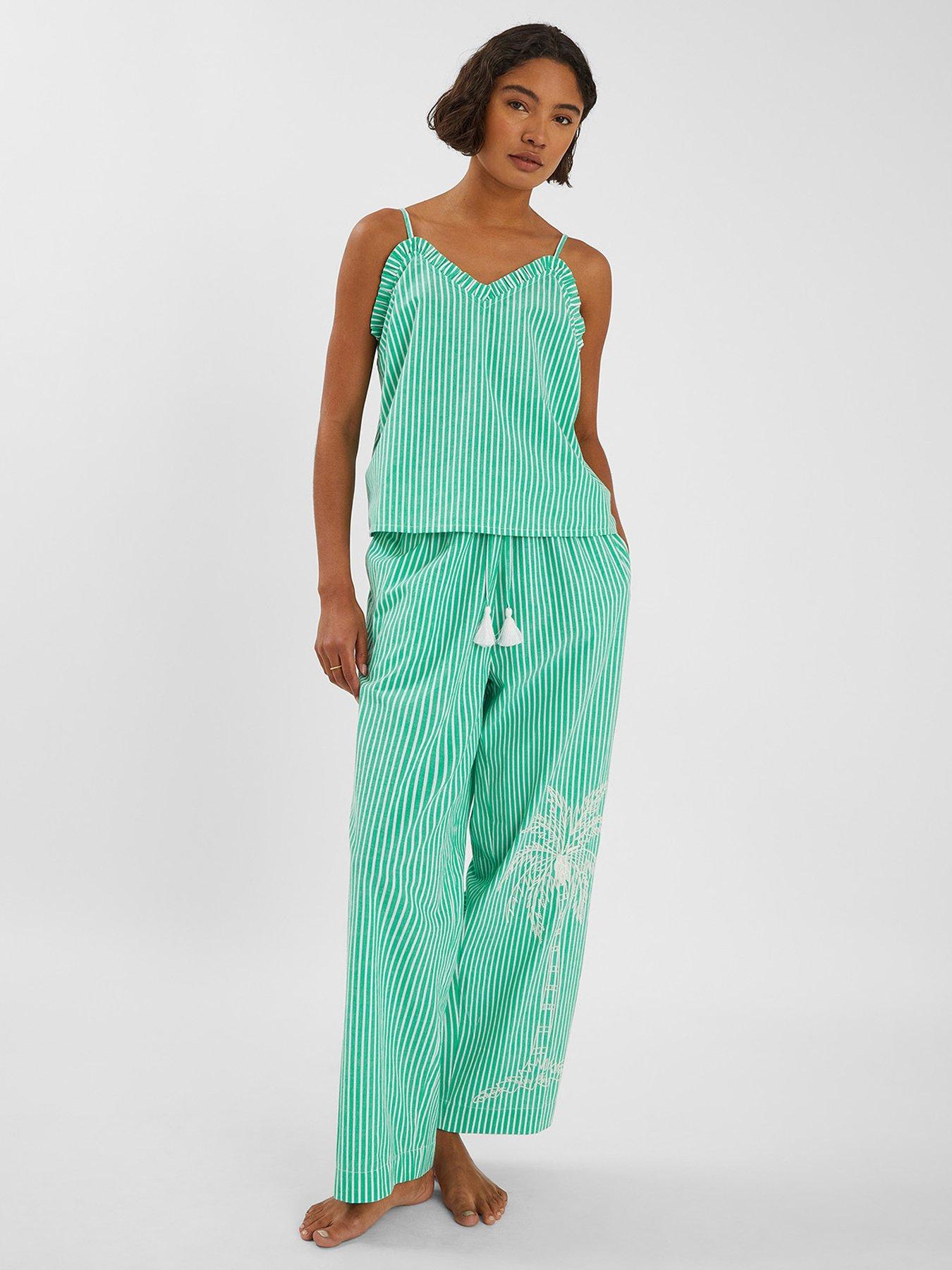 undefined Embroidered Stripe Long Pyjamas Set - Green