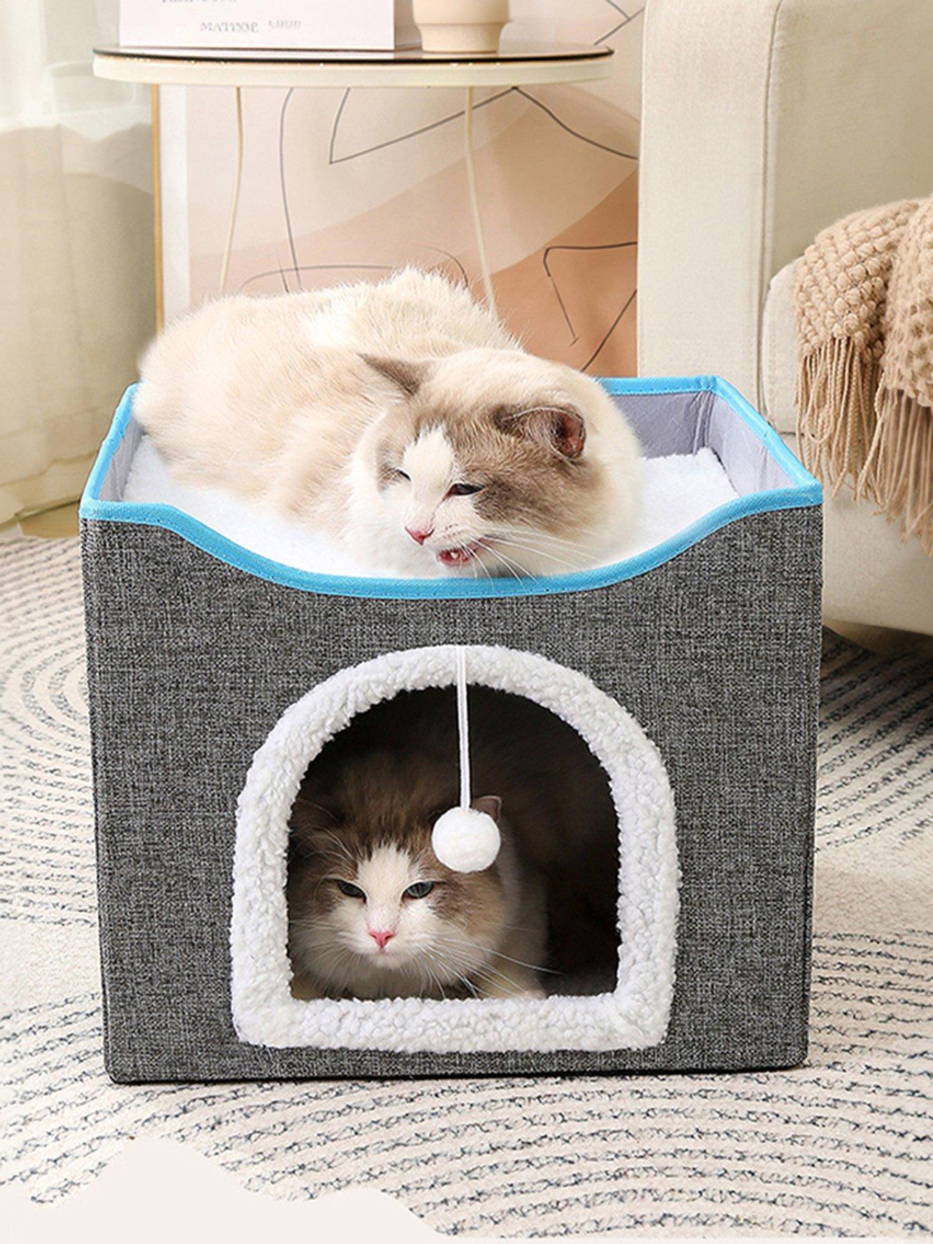 living-and-home-grey-foldable-cat-cave-kitten-igloo-pet-bed-with-scratching-pad