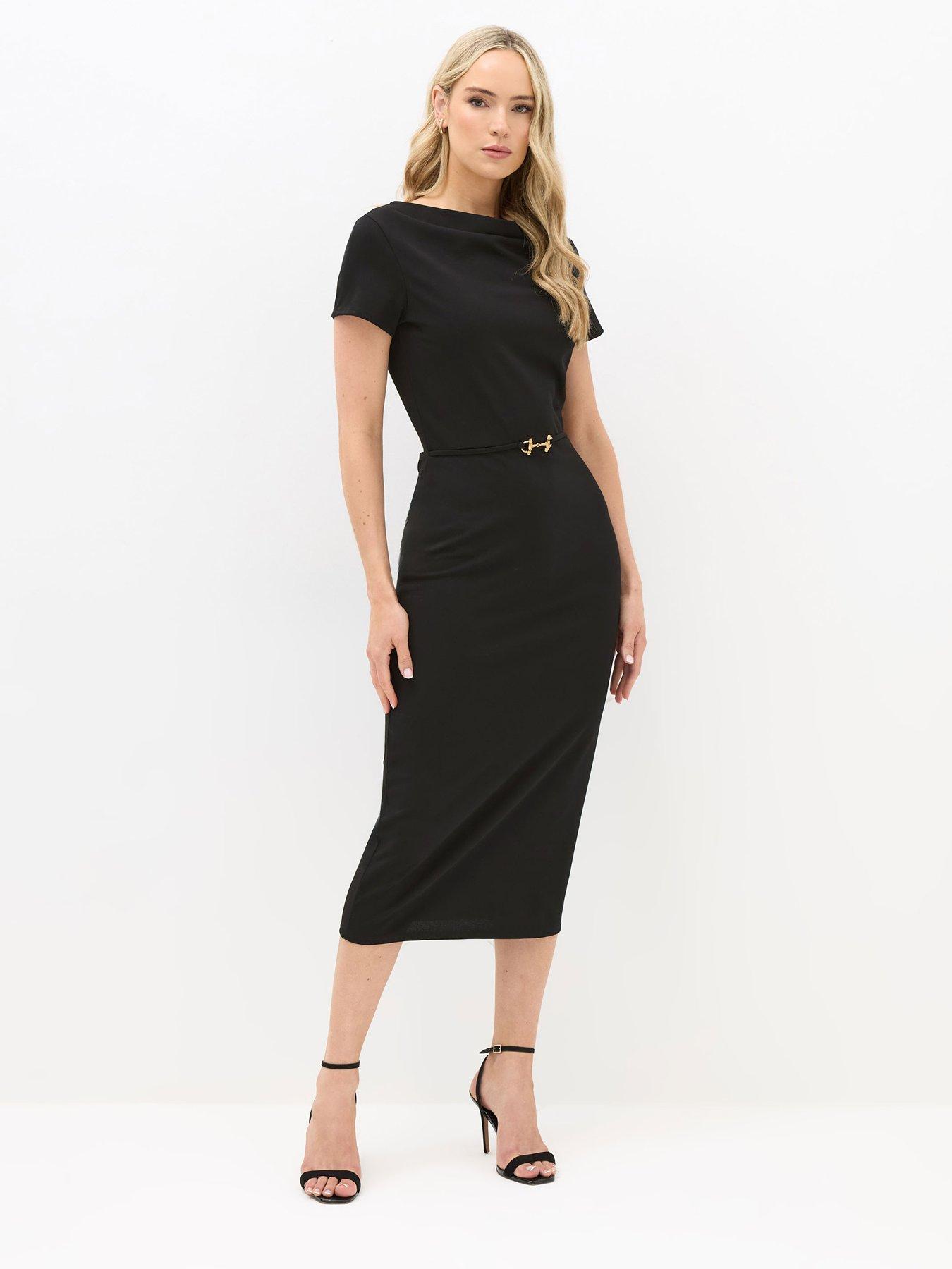 Long Tall Sally Belted Slash Neck Dress - Black
