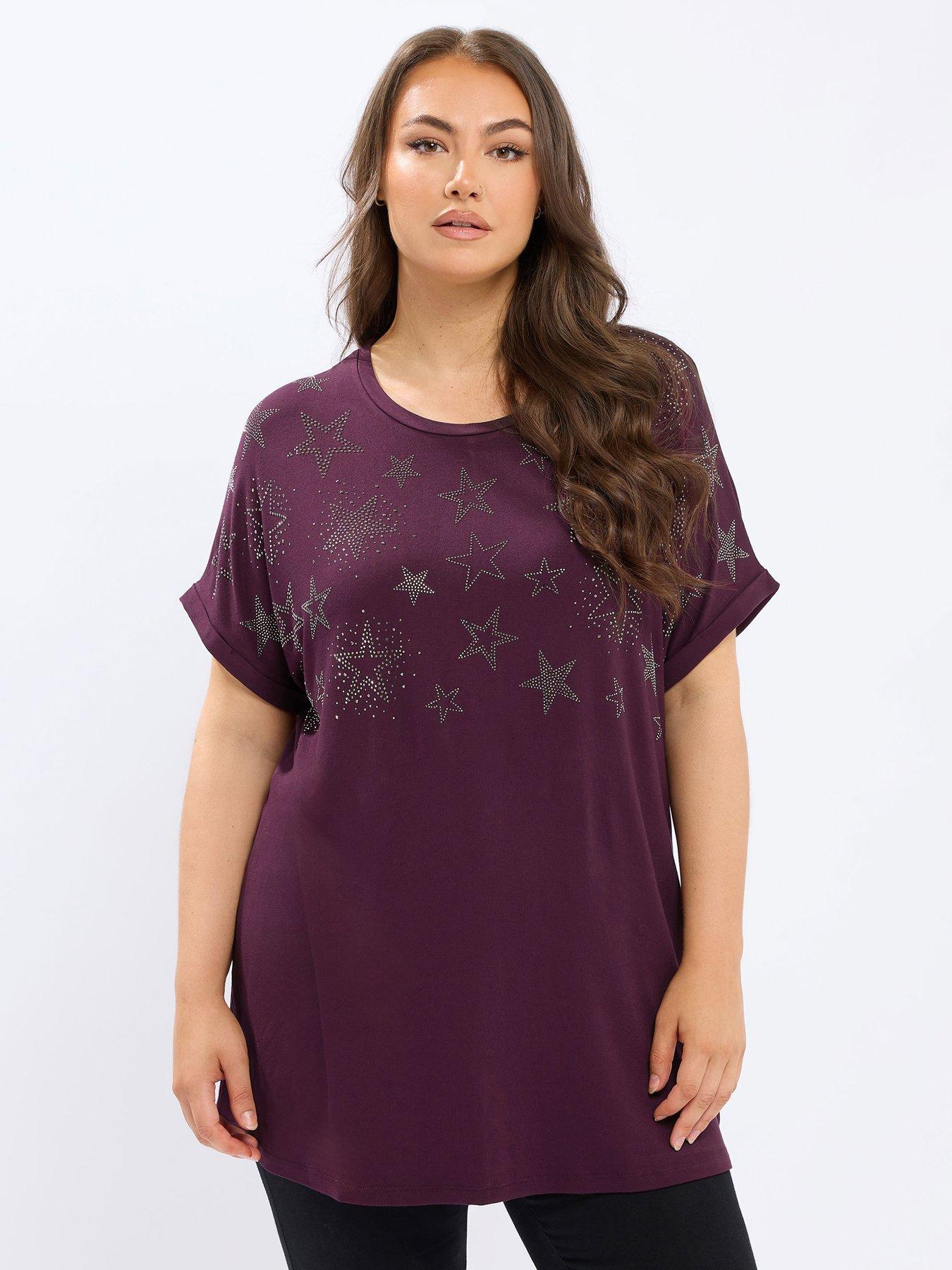 Yours Curve Star Stud Embellishment T-Shirt - Purple