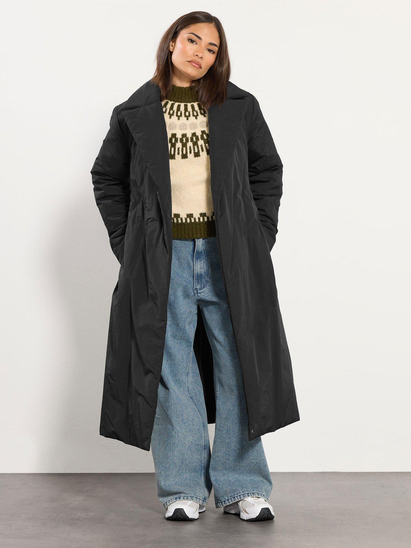 PixieGirl Petite Longline Duvet Belted Coat - Black