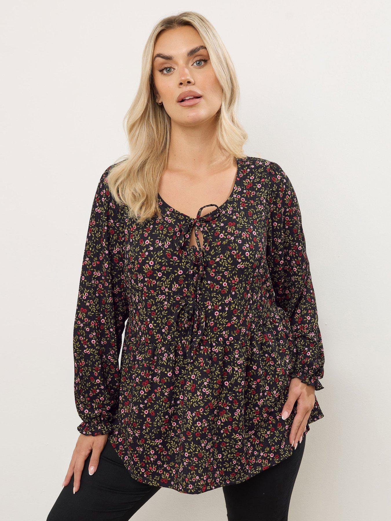 Yours Curve Long Sleeve Peplum Bow Top - Black