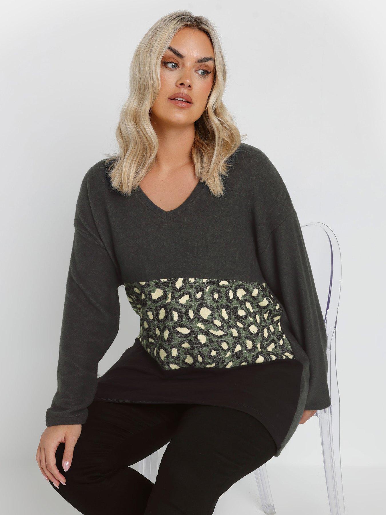 Yours Curve Animal Colour Block Jumper - Grey