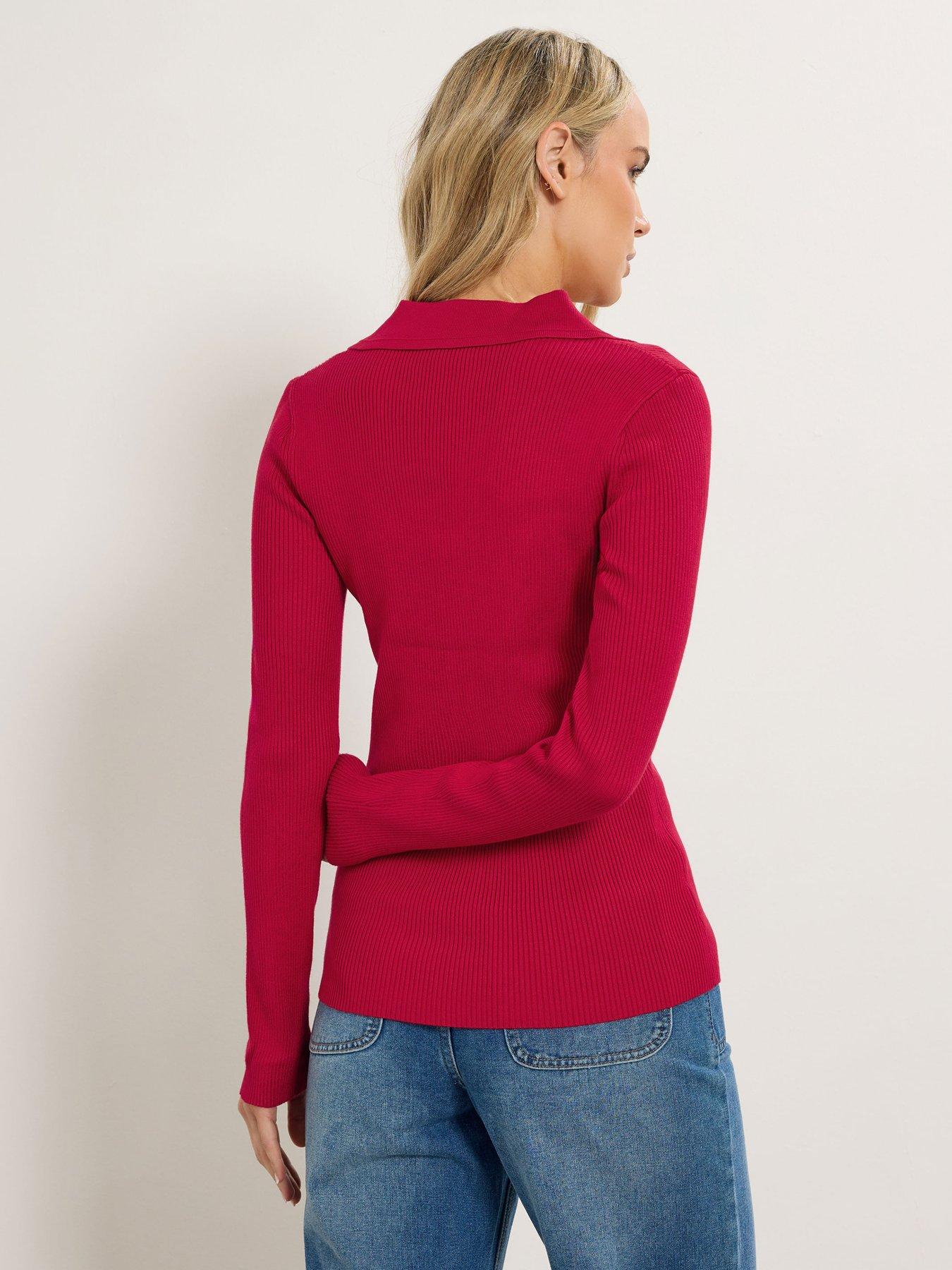 Long Tall Sally Button Detail Collar Rib Top - Red | Very