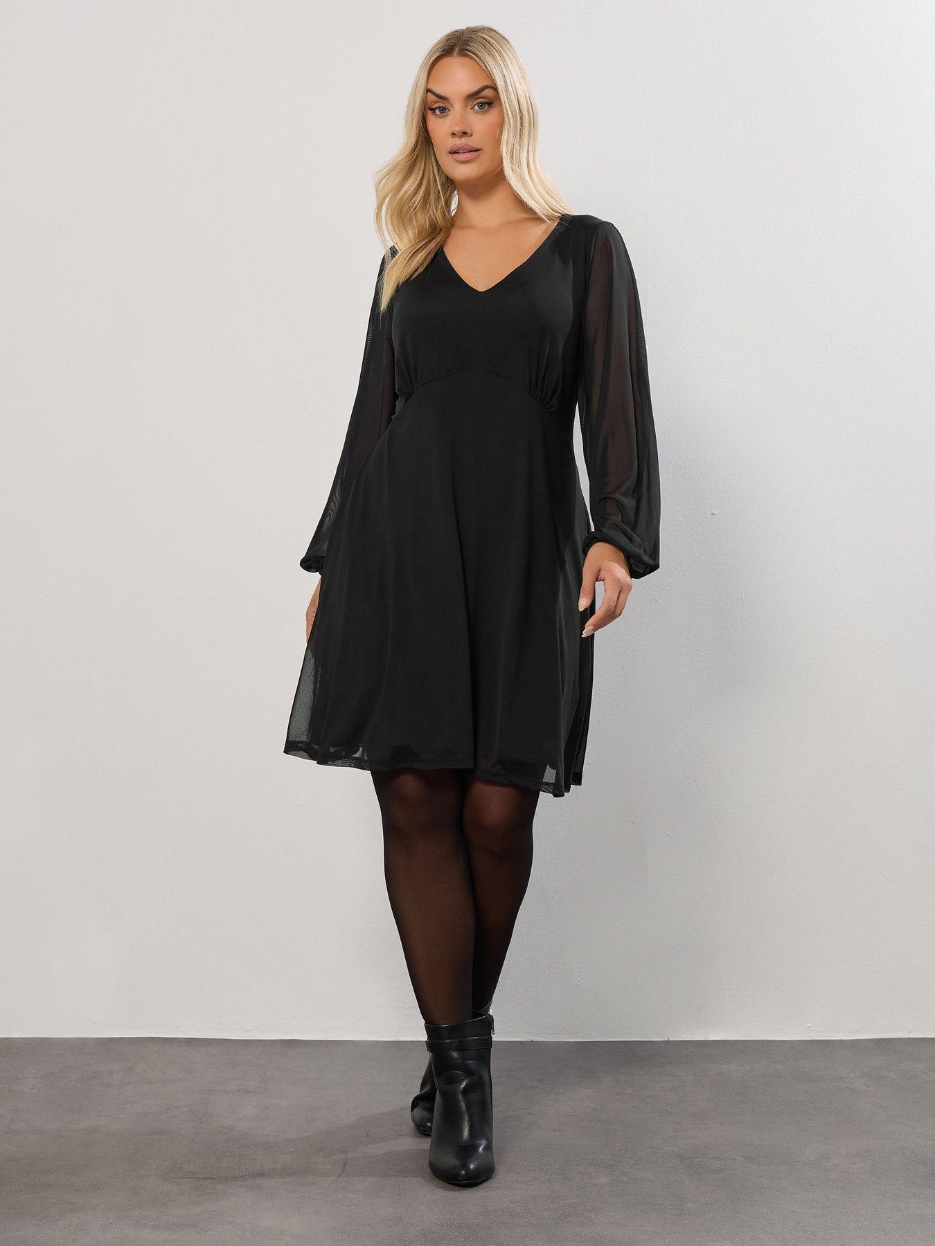 Yours Curve Short Mesh Balloon Sleeve Dress - Black | Very